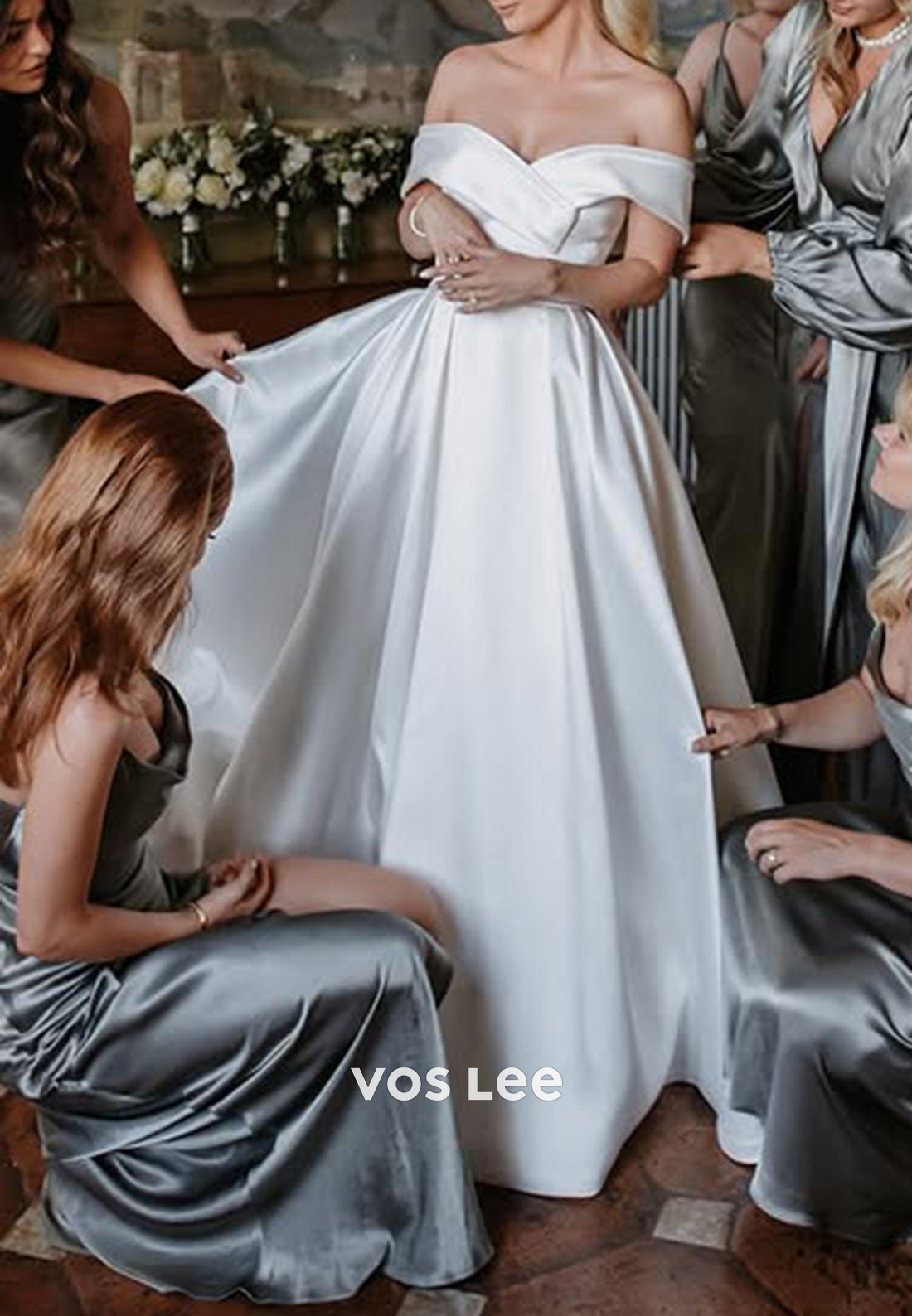 A-Line Criss-Cross Straps Off the Shoulder Beach Pleated Wedding Dresses with Chapel Train