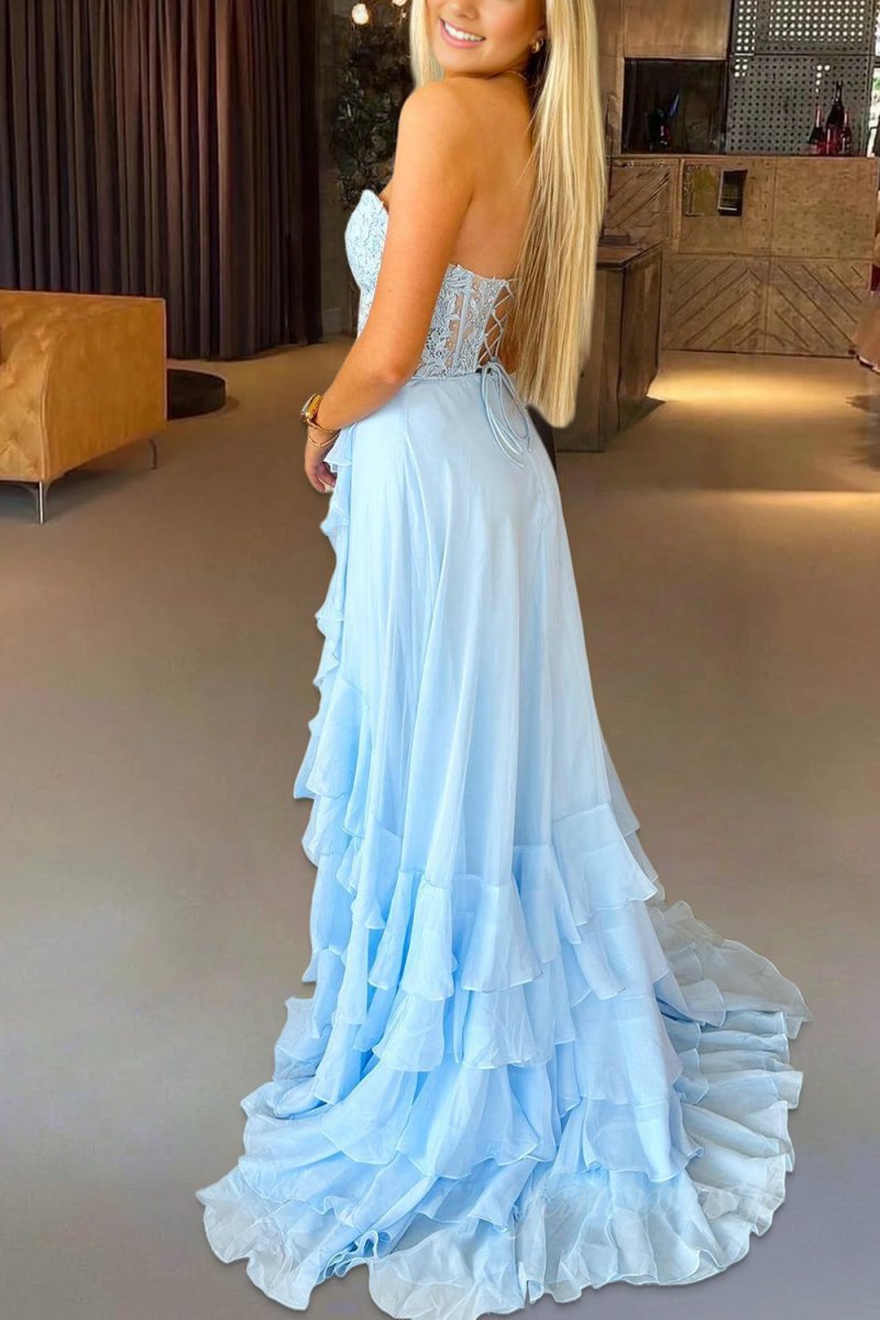 Sky Blue Strapless Chiffon Ruffled A Line Long Prom Dresses With Appliques