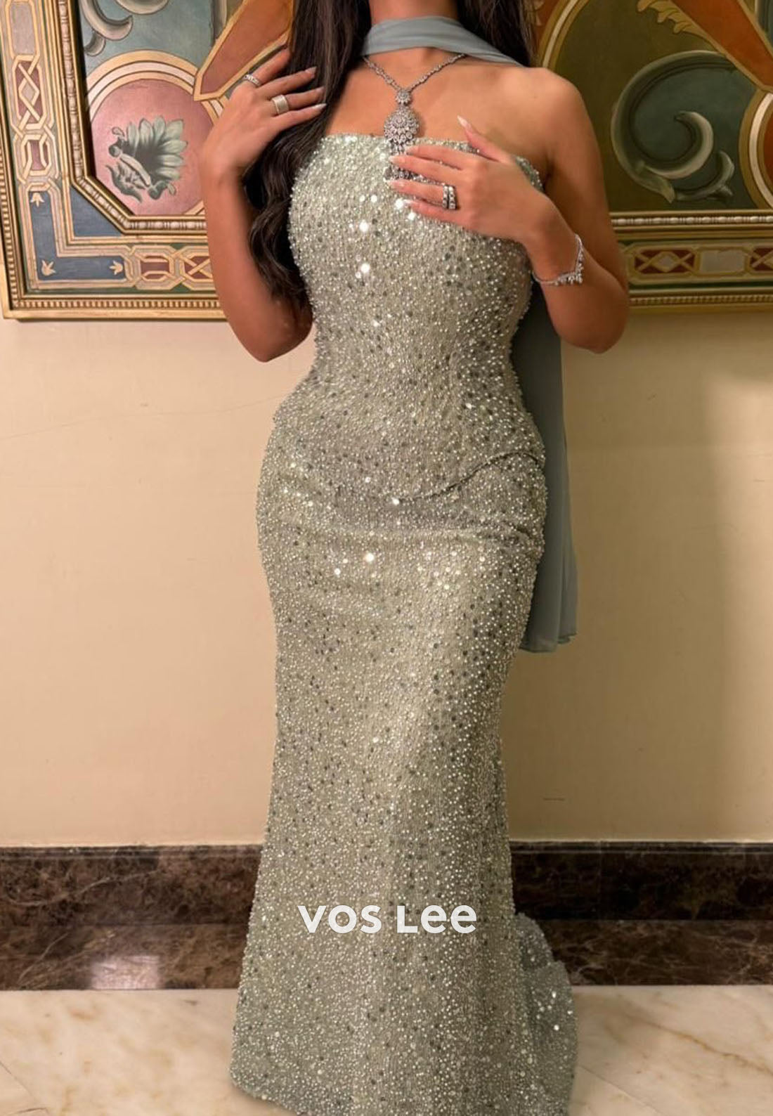 Luxury Fully Sequin Strapless Column Long Prom Dress