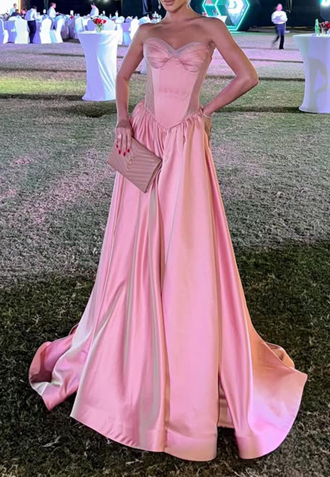 A Line Sweetheart Satin Pink Formal Dress Long Prom Party Gown