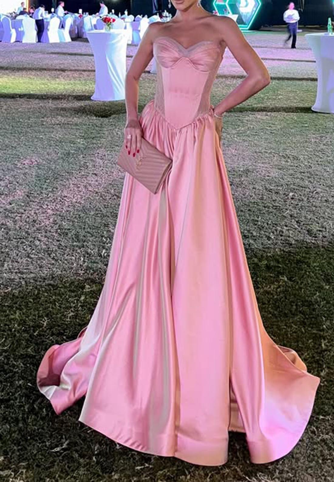 A Line Sweetheart Satin Pink Formal Dress Long Prom Party Gown