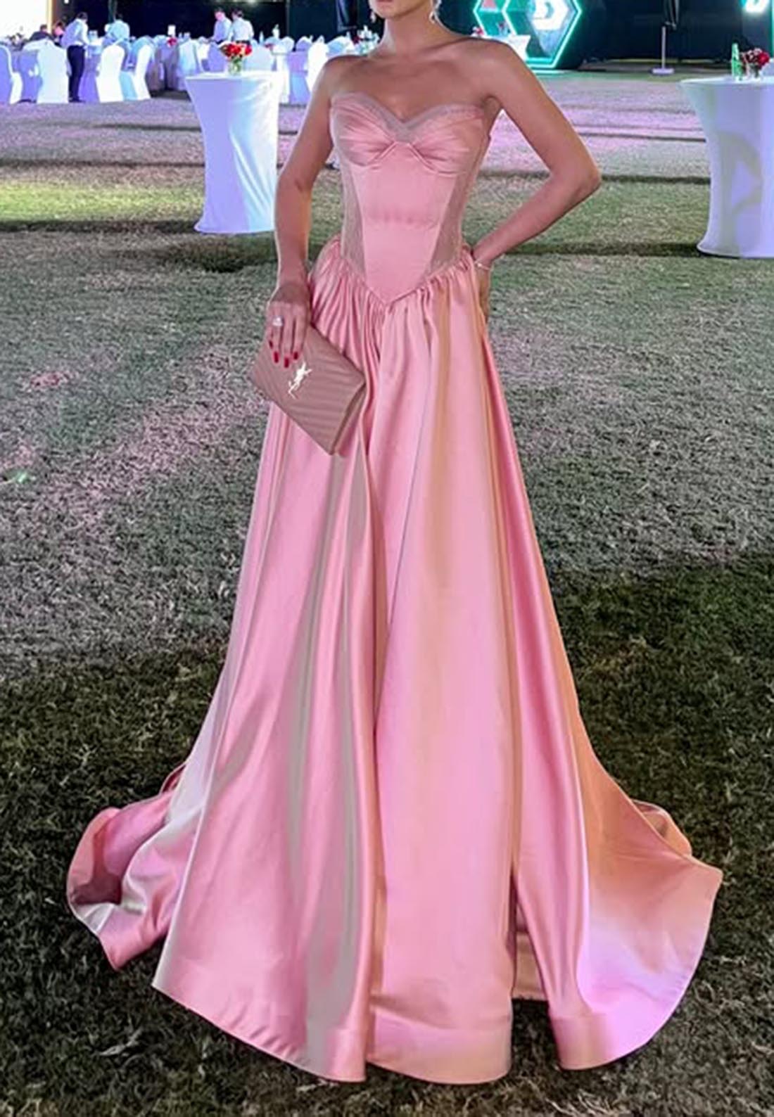 A Line Sweetheart Satin Pink Formal Dress Long Prom Party Gown