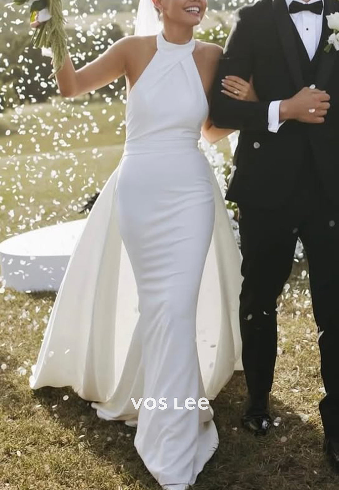 Simple & Classic Halter Satin Mermaid Wedding Dresses with Court Train