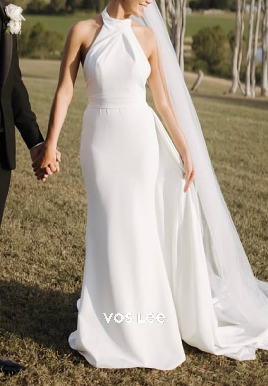 Simple & Classic Halter Satin Mermaid Wedding Dresses with Court Train
