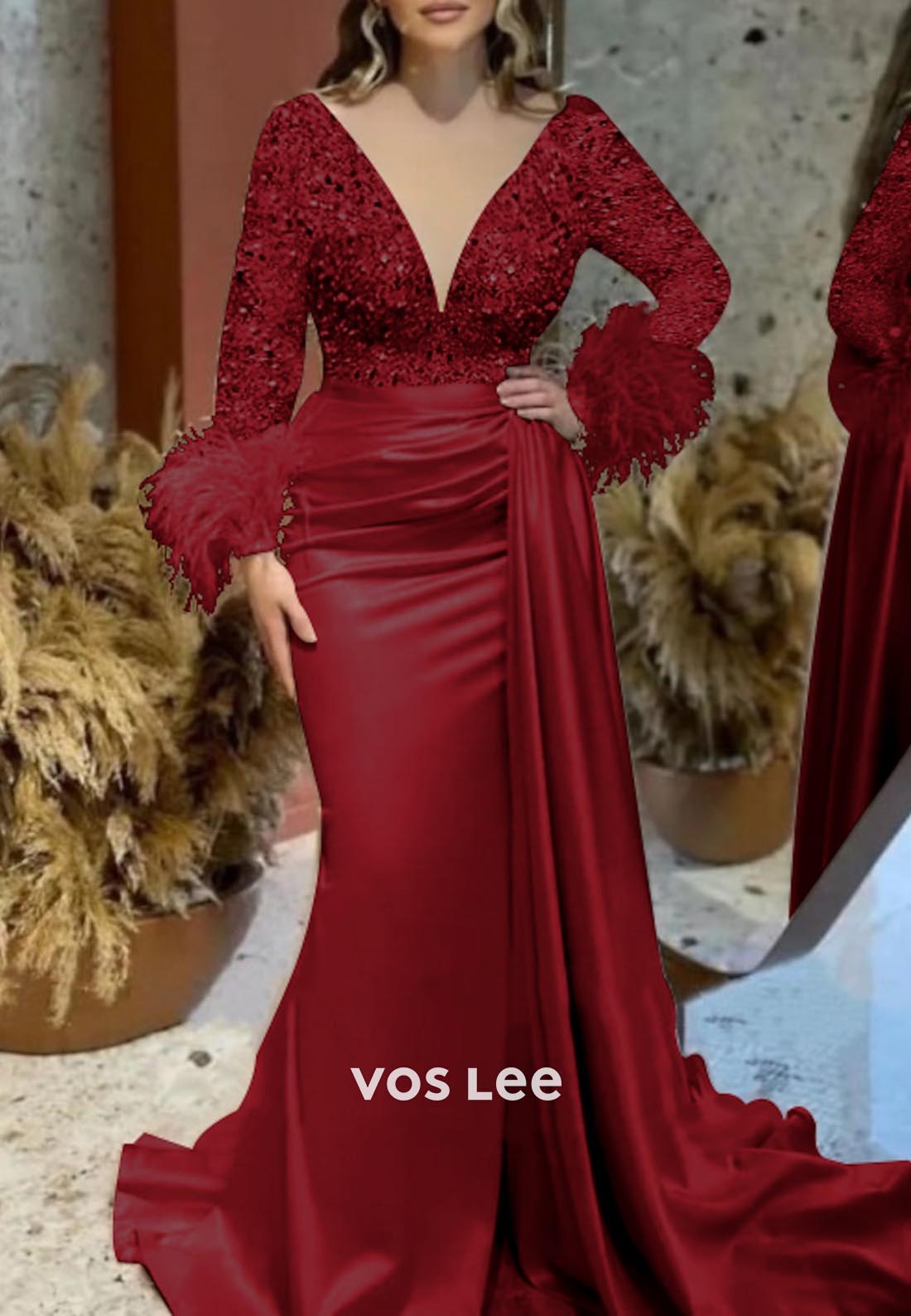 Sparkling V Neck Long Sleeves feather Mermaid Evening Dress with Court Train