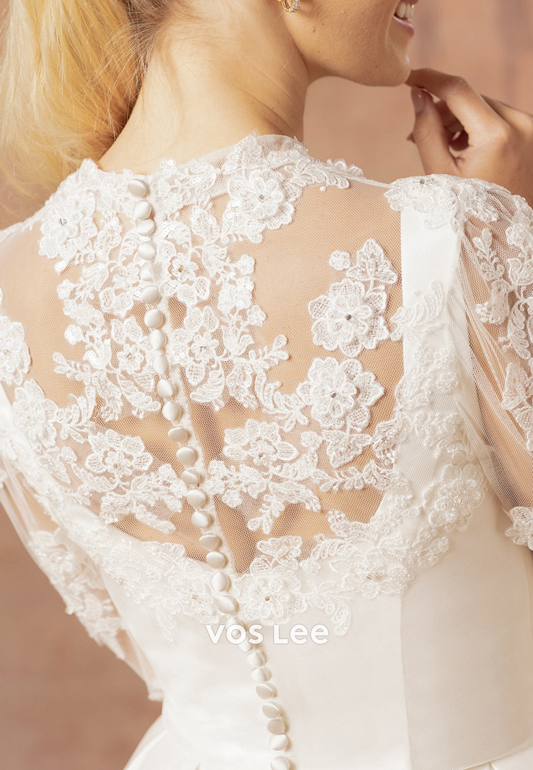 A-Line Illusion Neck Appliques Lace Pleated Wedding Dresses with Pockets