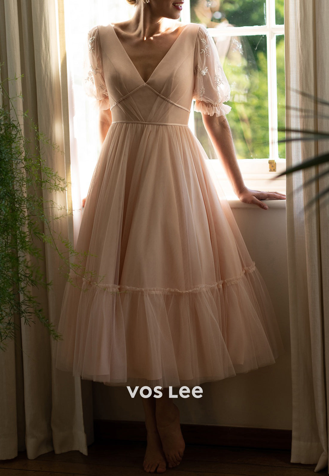 A-Line Short Sleeve V Neck Pearls Embellished Tea-Length Wedding Dresses