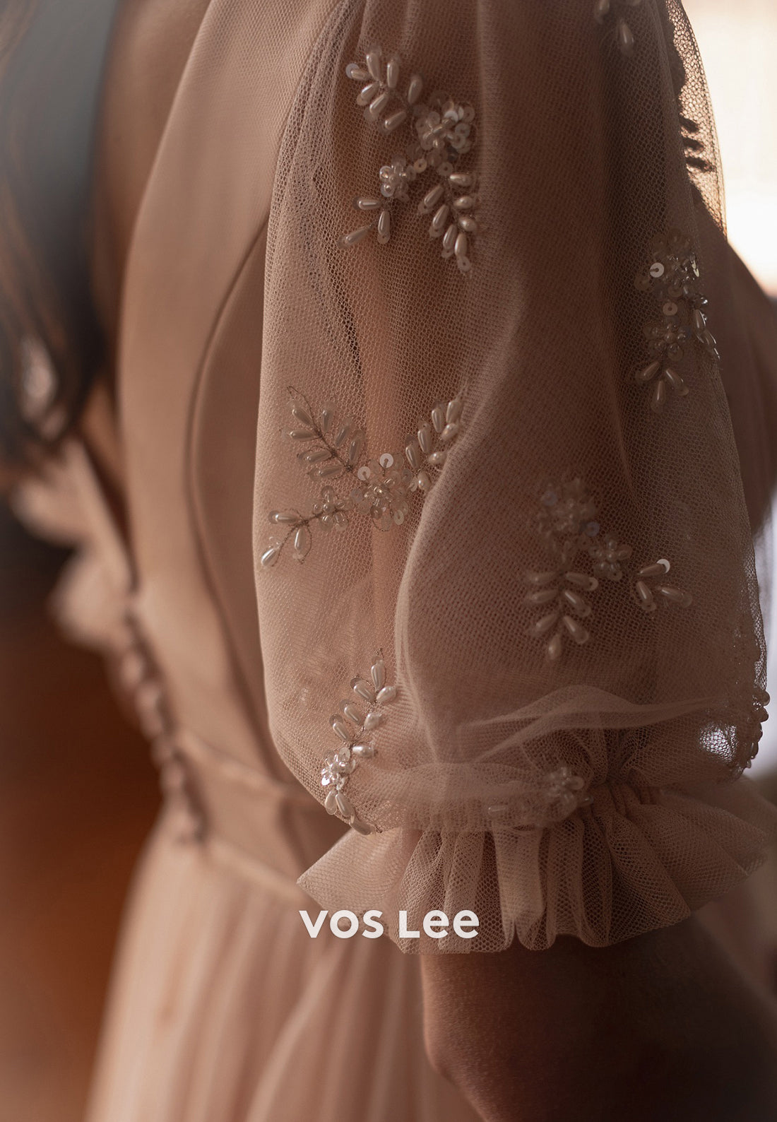 A-Line Short Sleeve V Neck Pearls Embellished Tea-Length Wedding Dresses