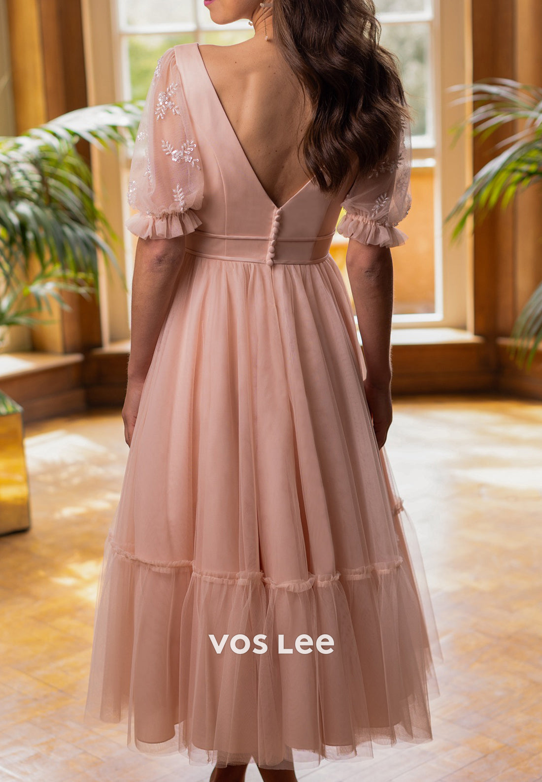 A-Line Short Sleeve V Neck Pearls Embellished Tea-Length Wedding Dresses