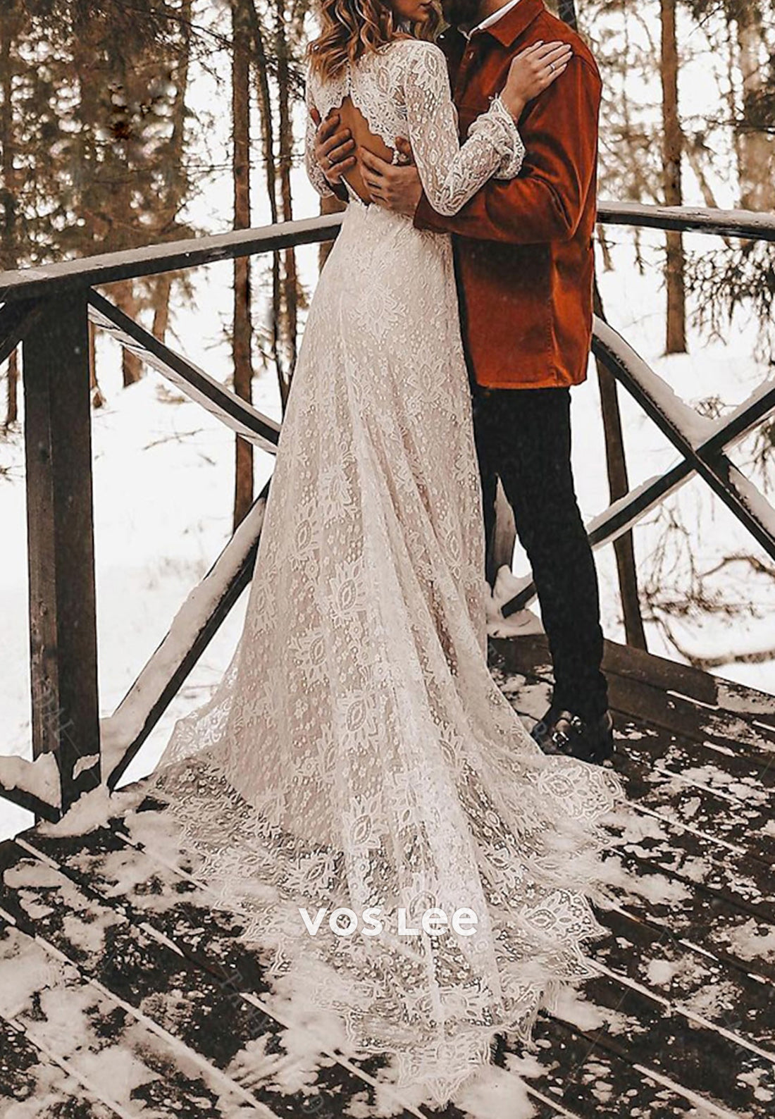 Long Sleeve V Neck Appliques Lace Beach Sheath Wedding Dresses with Sweep Train