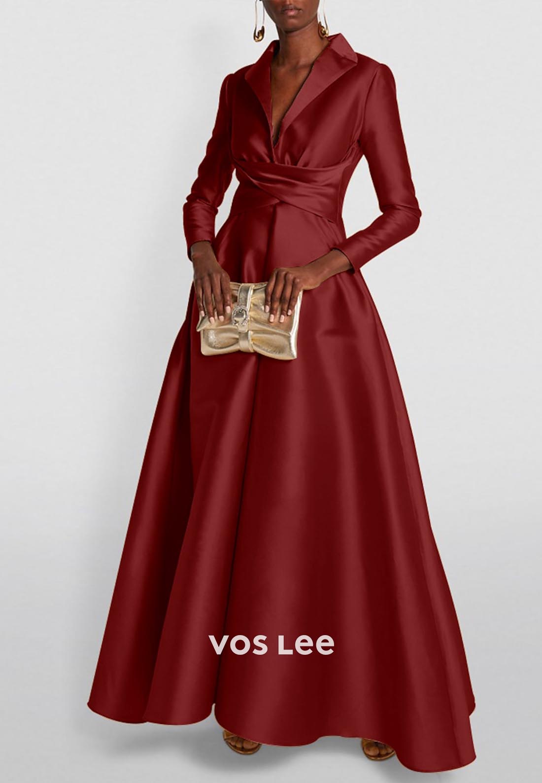 A-Line V Neck Ruched Floor-Length Long Sleeves Sleek Evening Dress