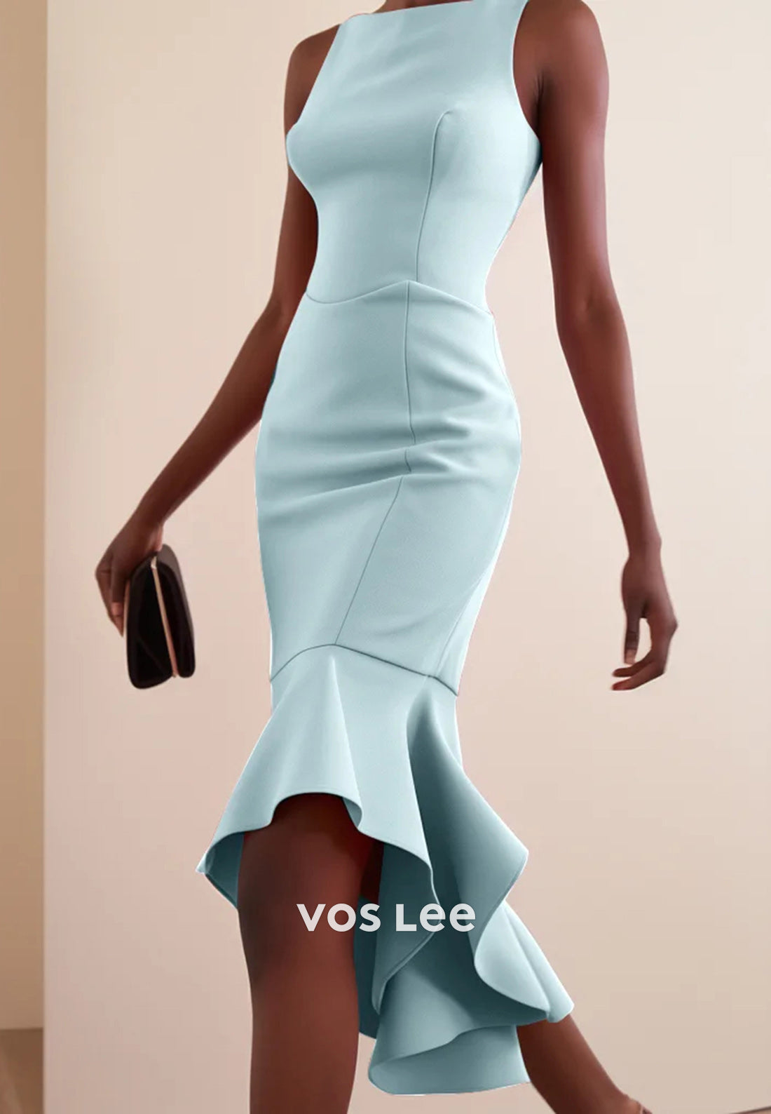 Couture & Ornate Scoop Ruched Tea-Length Mermaid Wedding Guest Dresses