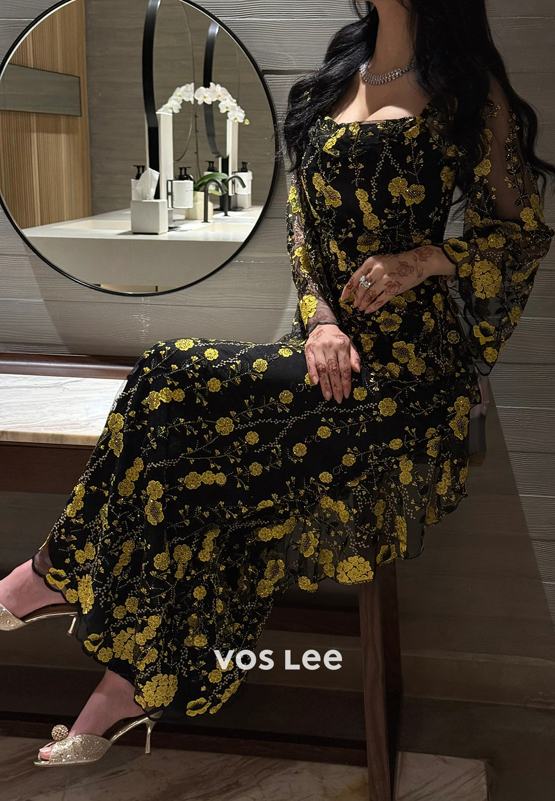 Simple Long Sleeve Square Ankle-Length Appliques Lace Sheath Evening Dresses
