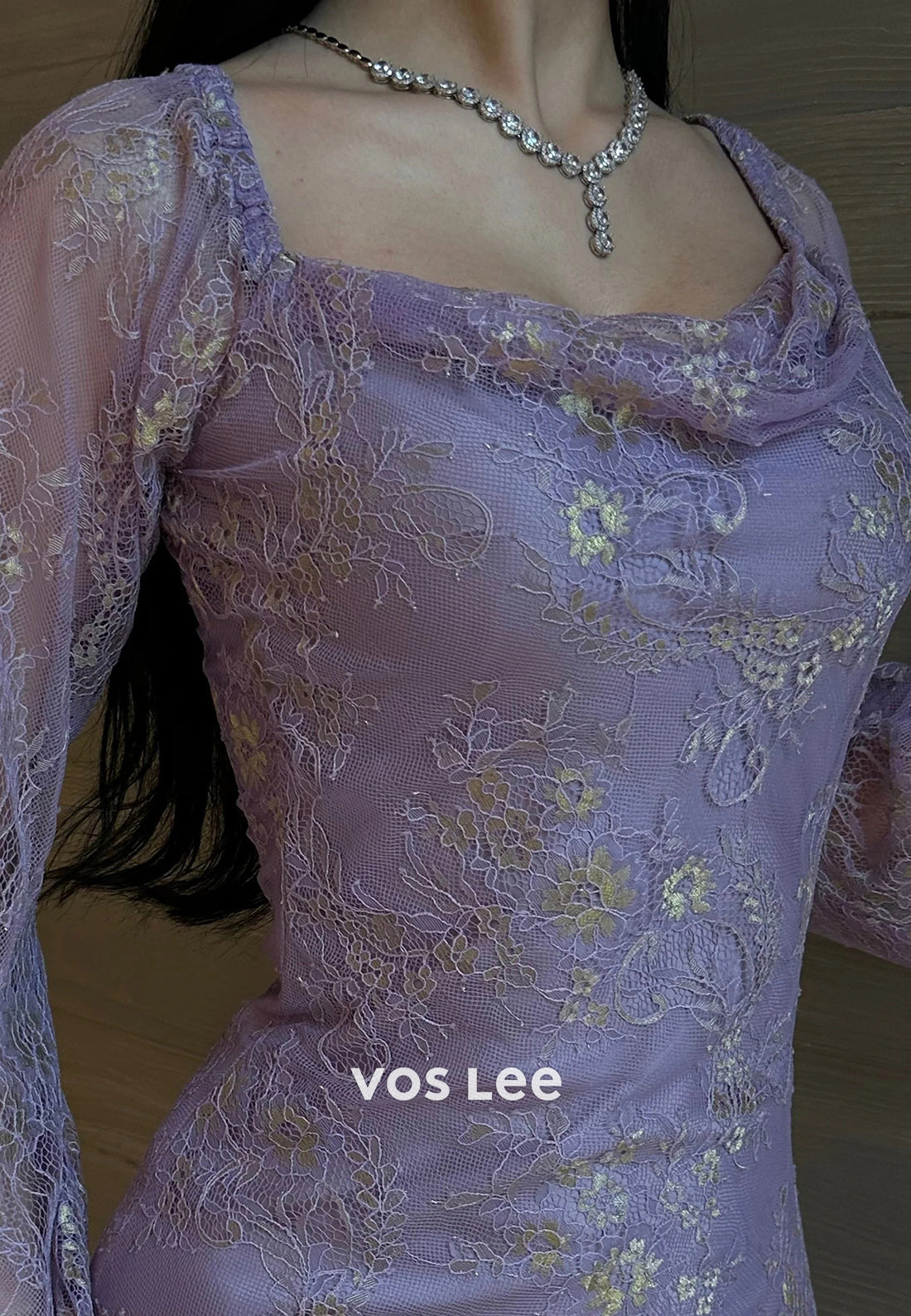 Gorgeous & Charming Lilac Long Sleeve Scoop Appliques Lace Long Evening Dresses
