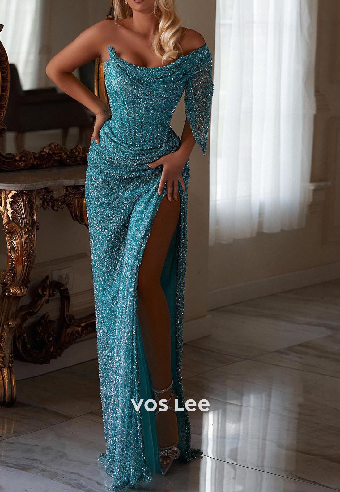 Glamorous & Dramatic Sequined Pleated Mermaid Prom Dresses with High Split