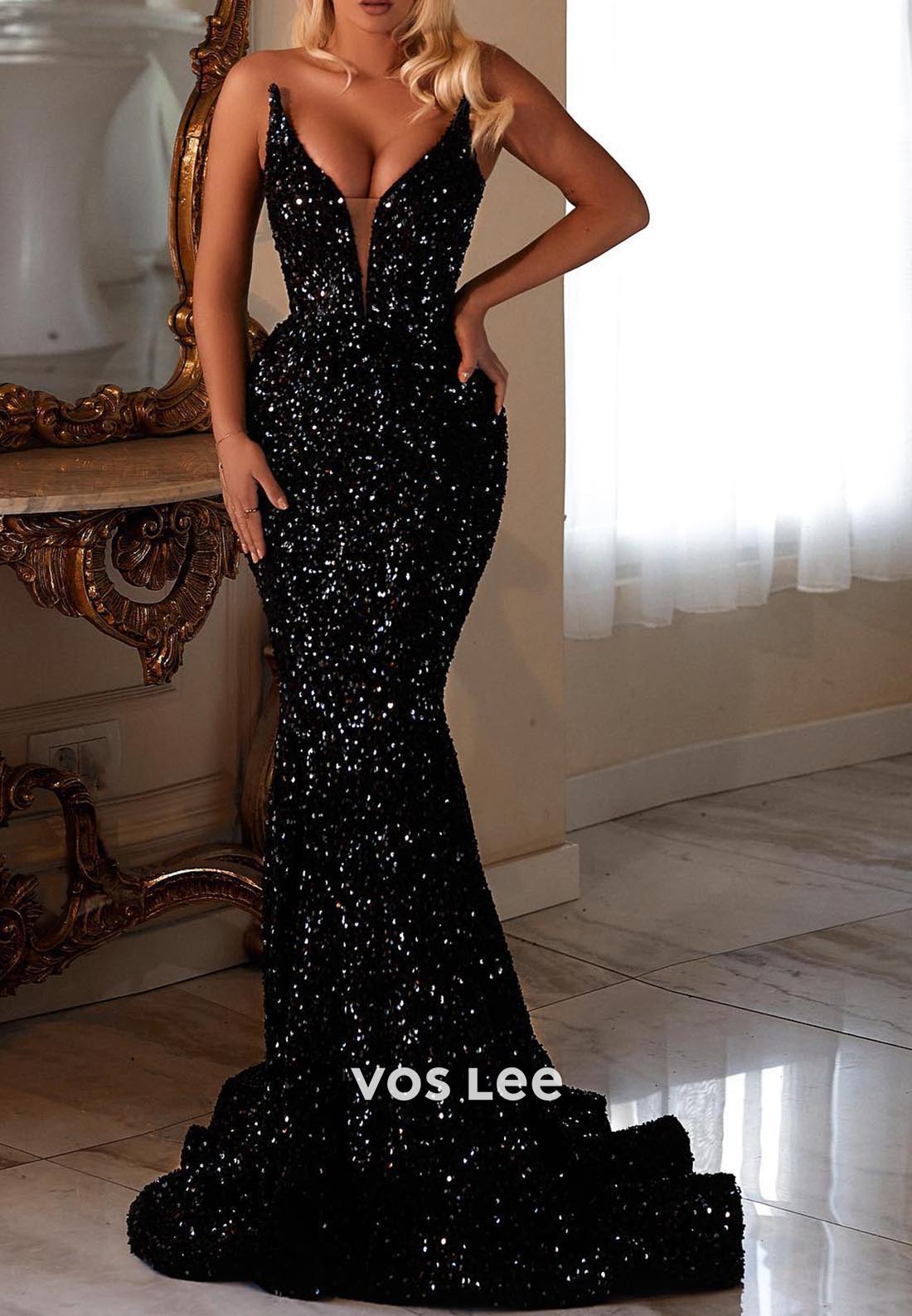 Elegant & Luxurious V-Neck Allover Sequined Mermaid Evening Prom Dresses