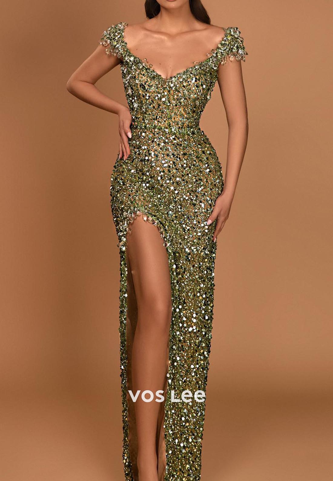 Elegant & Luxurious Scoop Crystal Mermaid Prom Dresses with Side Split