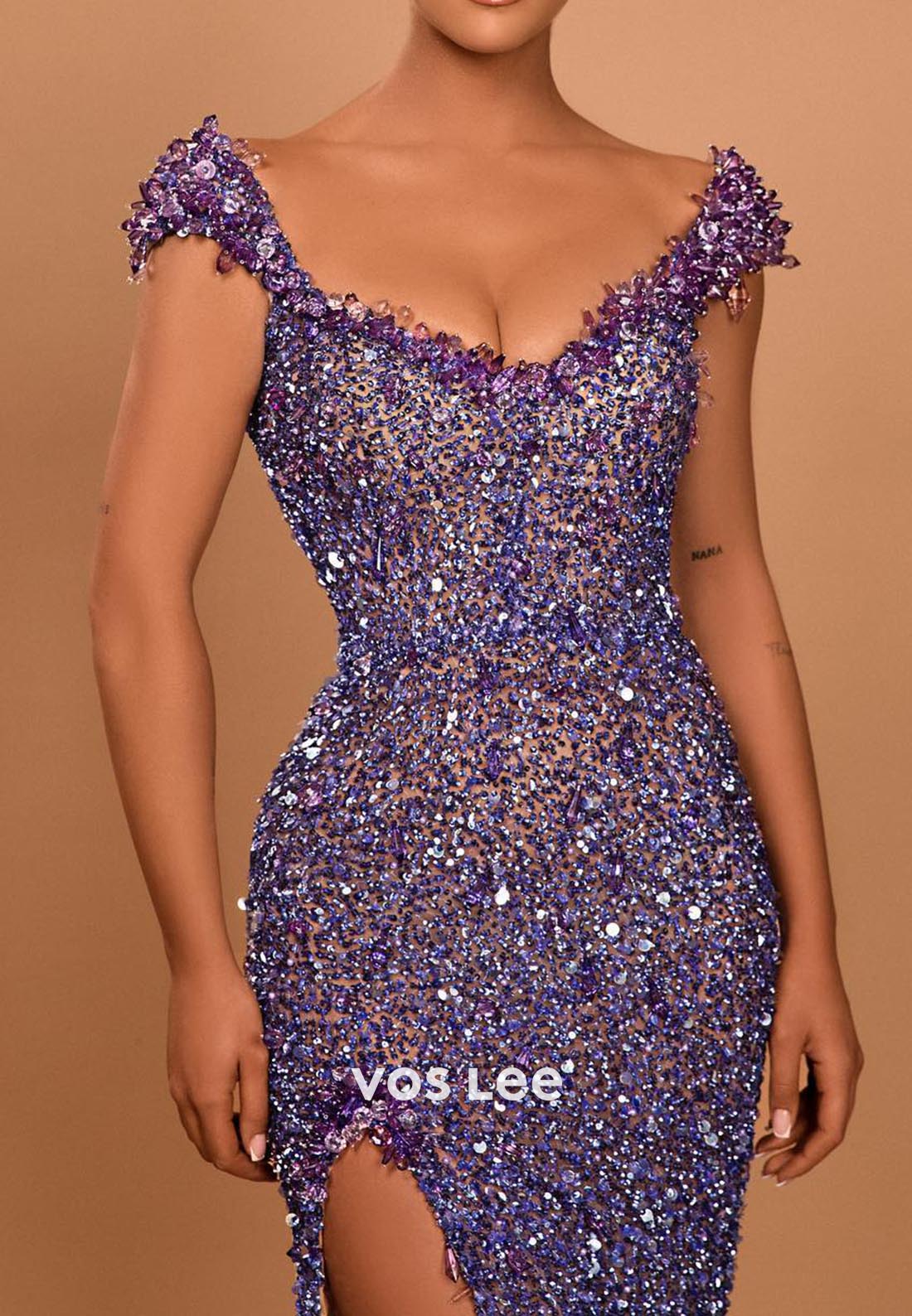 Elegant & Luxurious Scoop Crystal Mermaid Prom Dresses with Side Split
