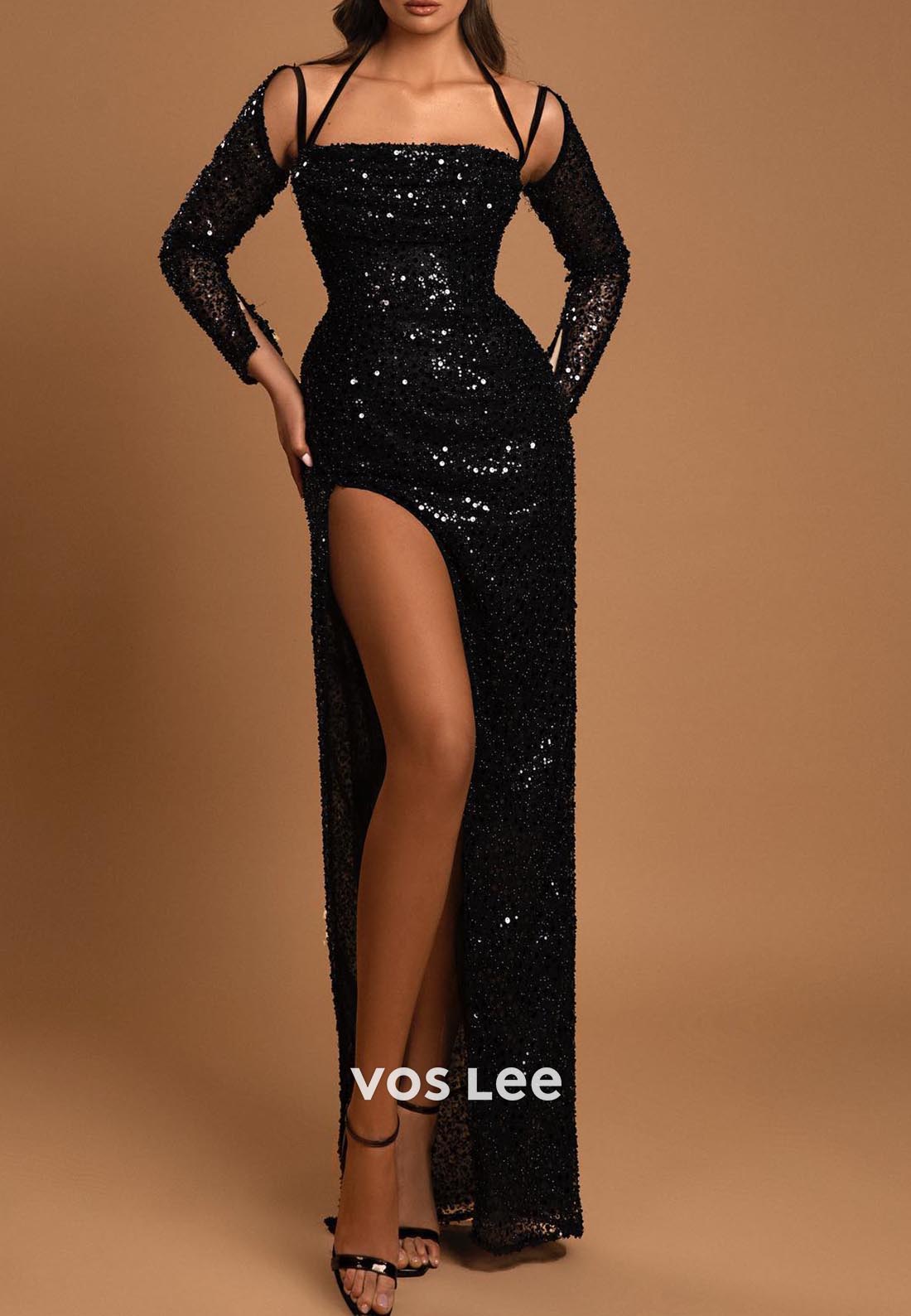 Gorgeous & Charming Halter Long Sleeves Mermaid Prom Dresses with High Split
