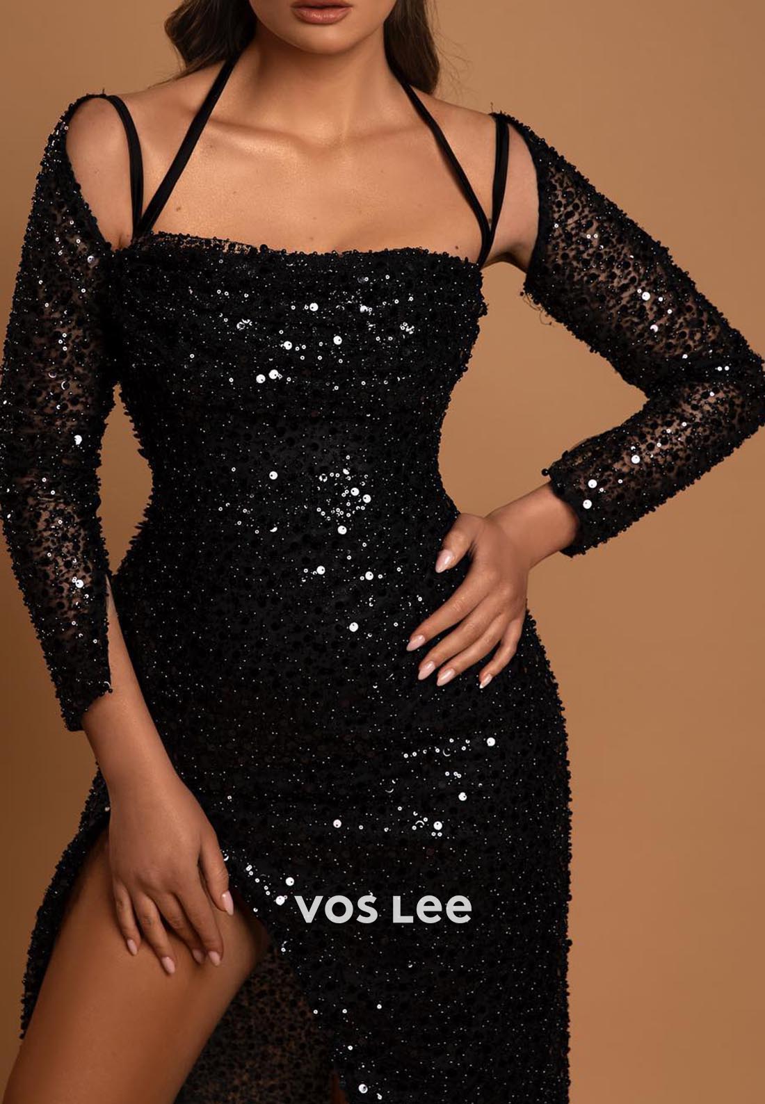Gorgeous & Charming Halter Long Sleeves Mermaid Prom Dresses with High Split