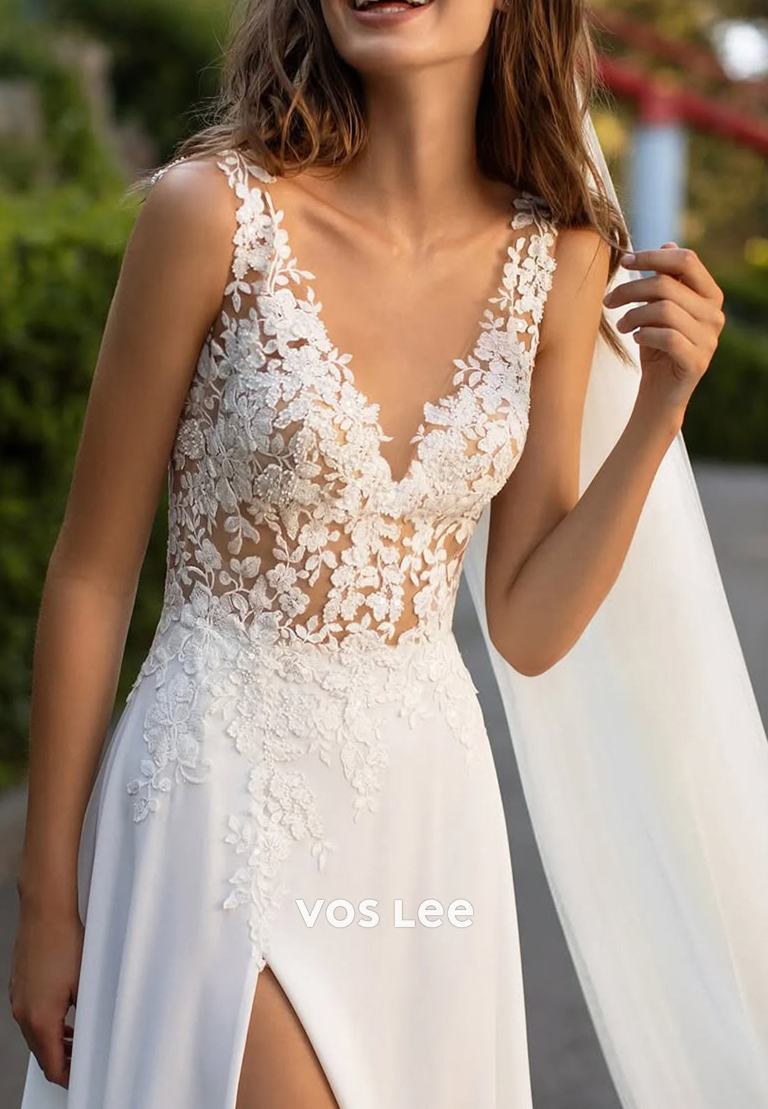 Classic & Simple V Neck Appliques Lace Sheath Beach Wedding Dresses with High Split
