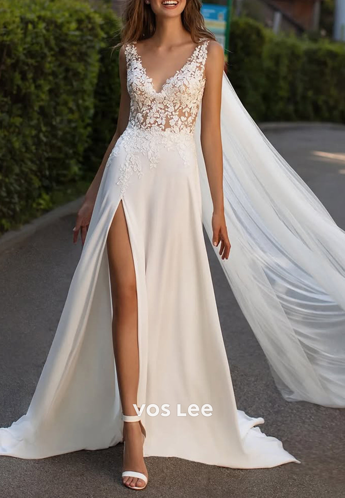 Classic & Simple V Neck Appliques Lace Sheath Beach Wedding Dresses with High Split