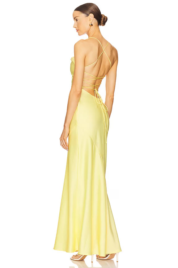 Yellow Spaghetti Straps Long Backless Dress