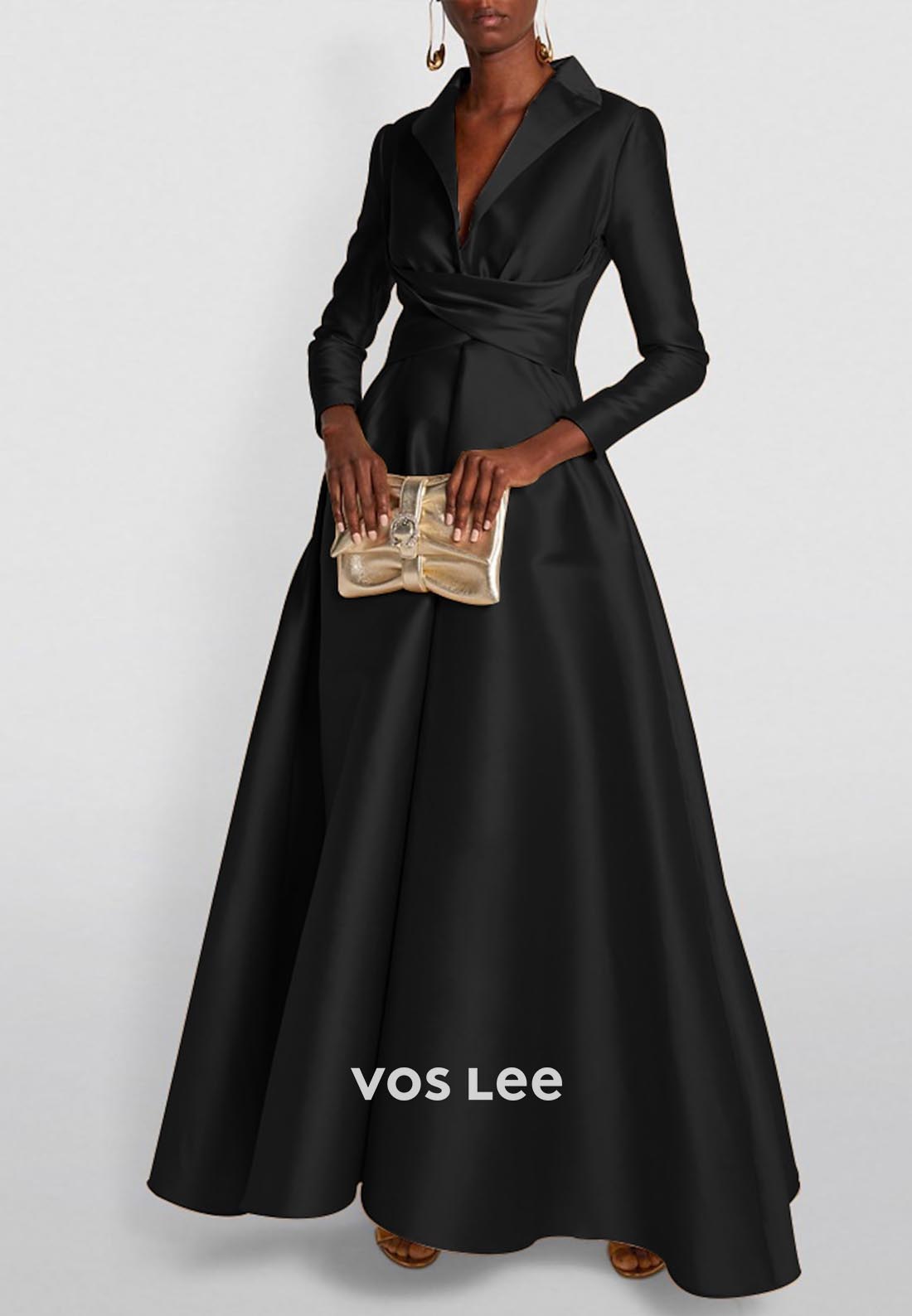 A-Line V Neck Ruched Floor-Length Long Sleeves Sleek Evening Dress