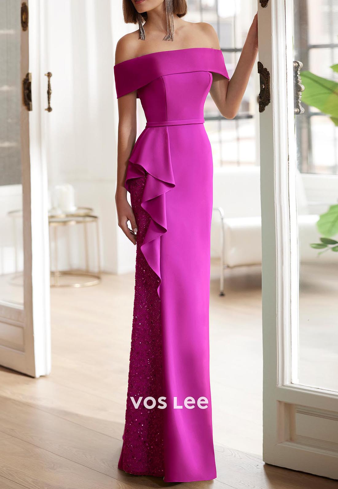 Simple Off the Shoulder Floor-Length Sequins Pleated Mermaid Mother of Bride Dresses