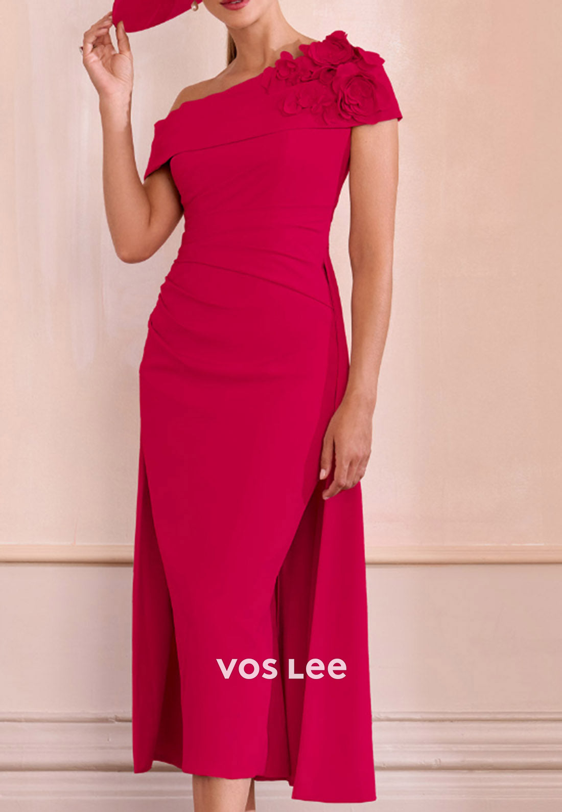 One Shoulder Floral Embellished Tea-Length Pleated Mermaid Mother of Bride Dresses