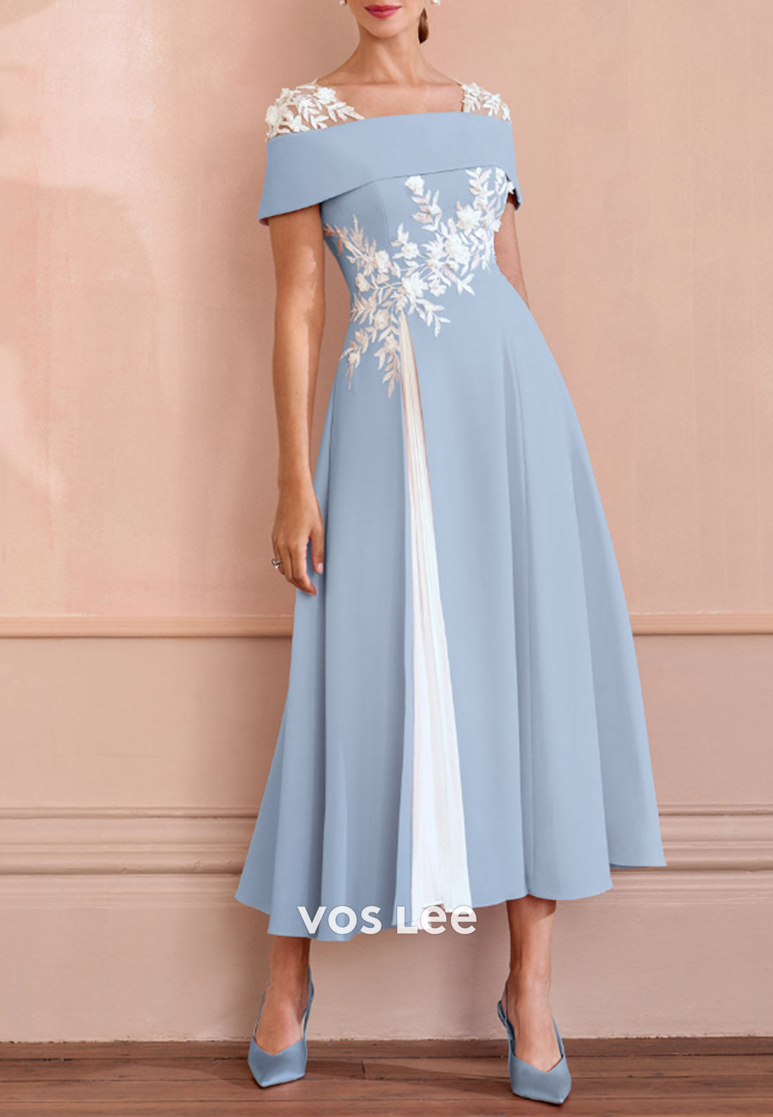 A-Line Short Sleeve Off-Shoulder Appliqued Tea-Length Pleated Mother of Bride Dresses