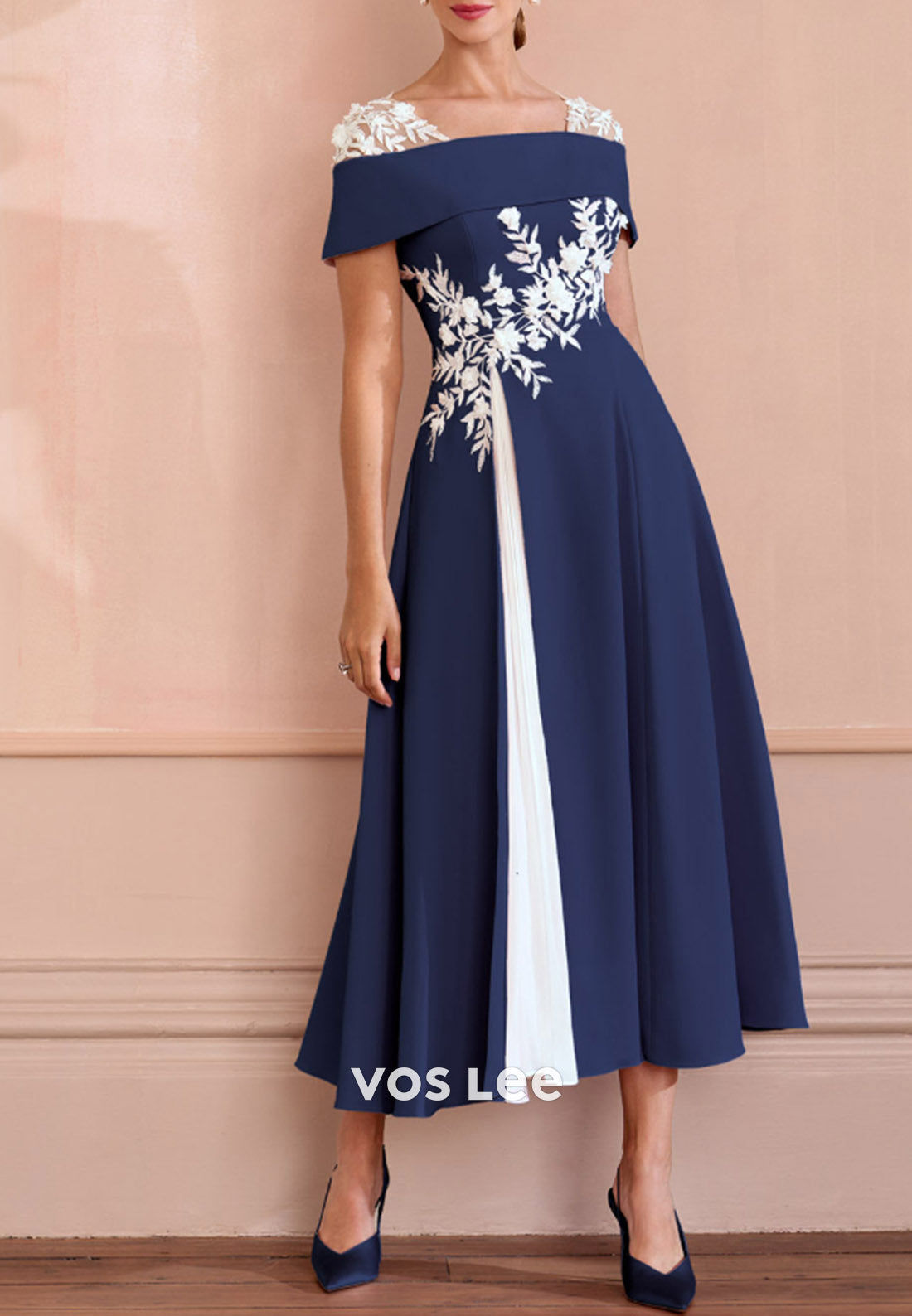 A-Line Short Sleeve Off-Shoulder Appliqued Tea-Length Pleated Mother of Bride Dresses