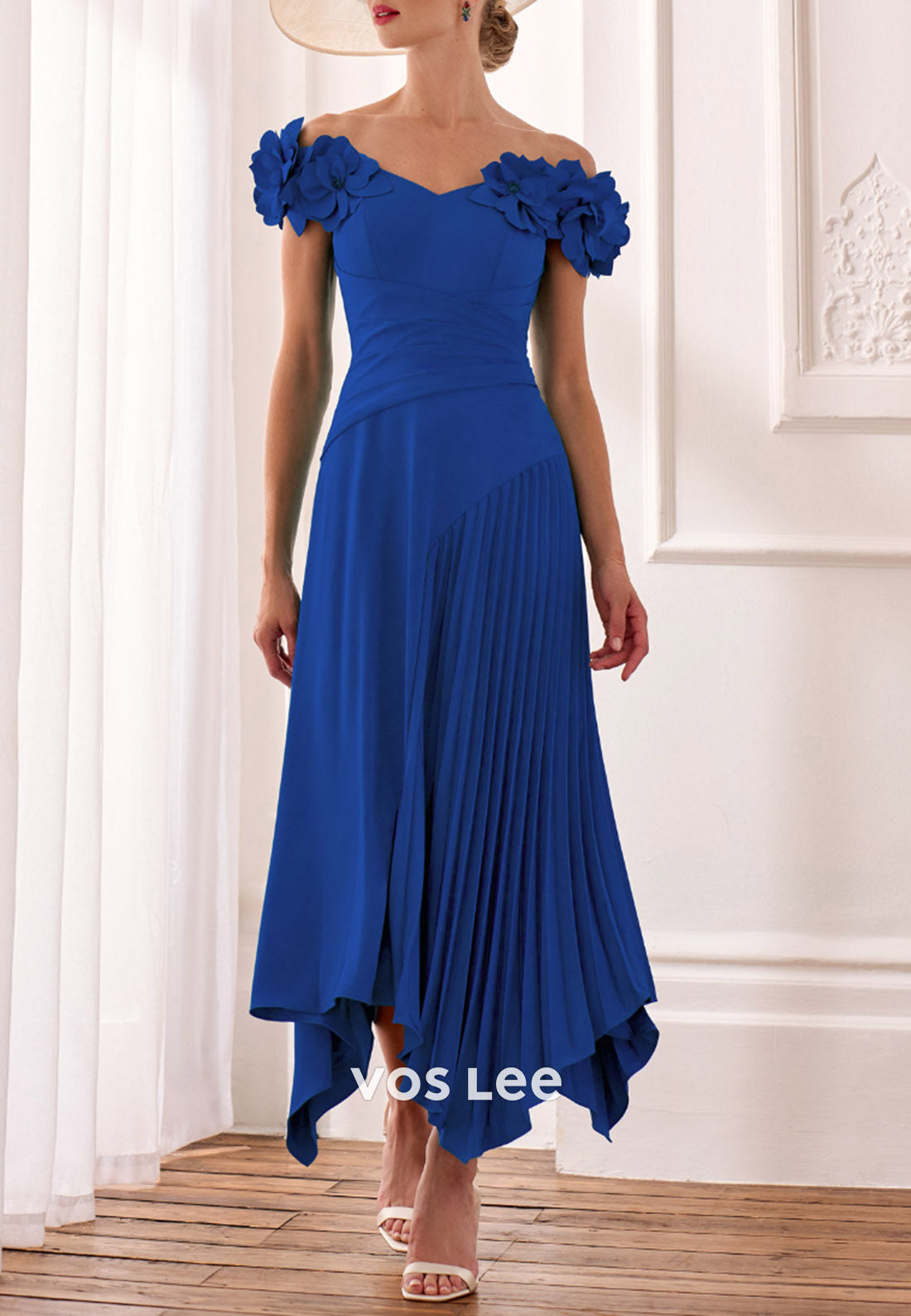 A-Line Floral Embossed Off the Shoulder Ankle-Length Pleated Mother of Bride Dresses