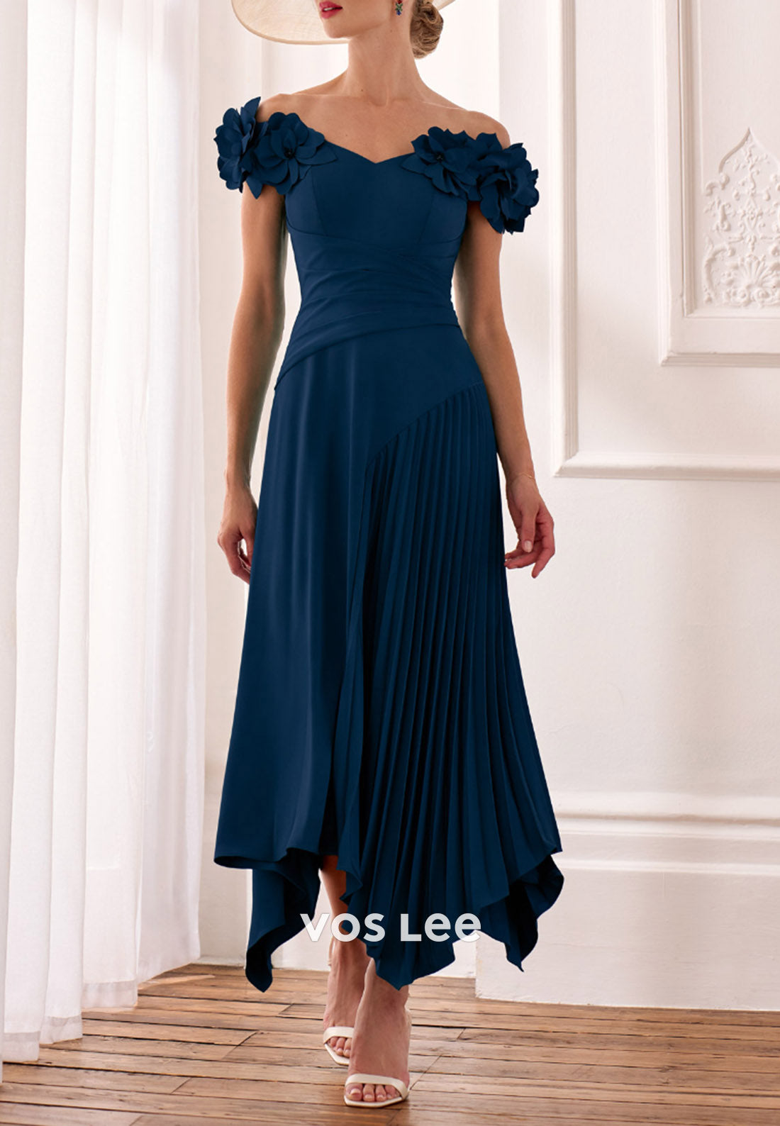 A-Line Floral Embossed Off the Shoulder Ankle-Length Pleated Mother of Bride Dresses