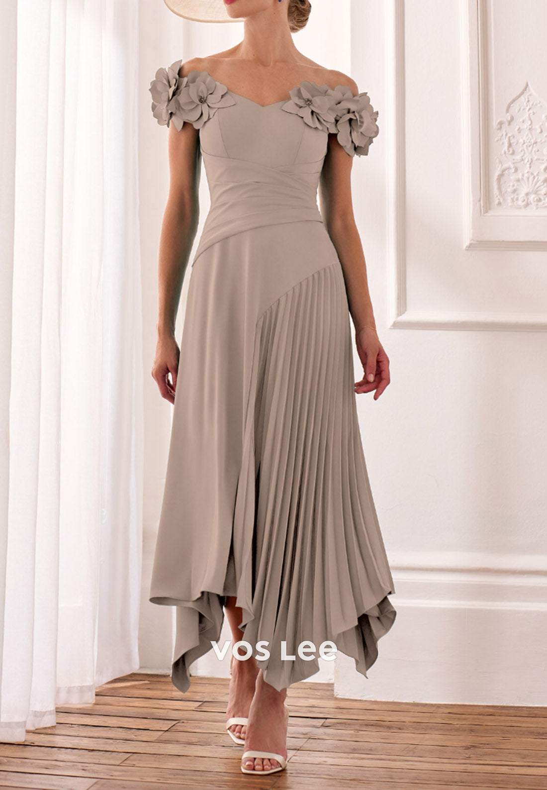 A-Line Floral Embossed Off the Shoulder Ankle-Length Pleated Mother of Bride Dresses