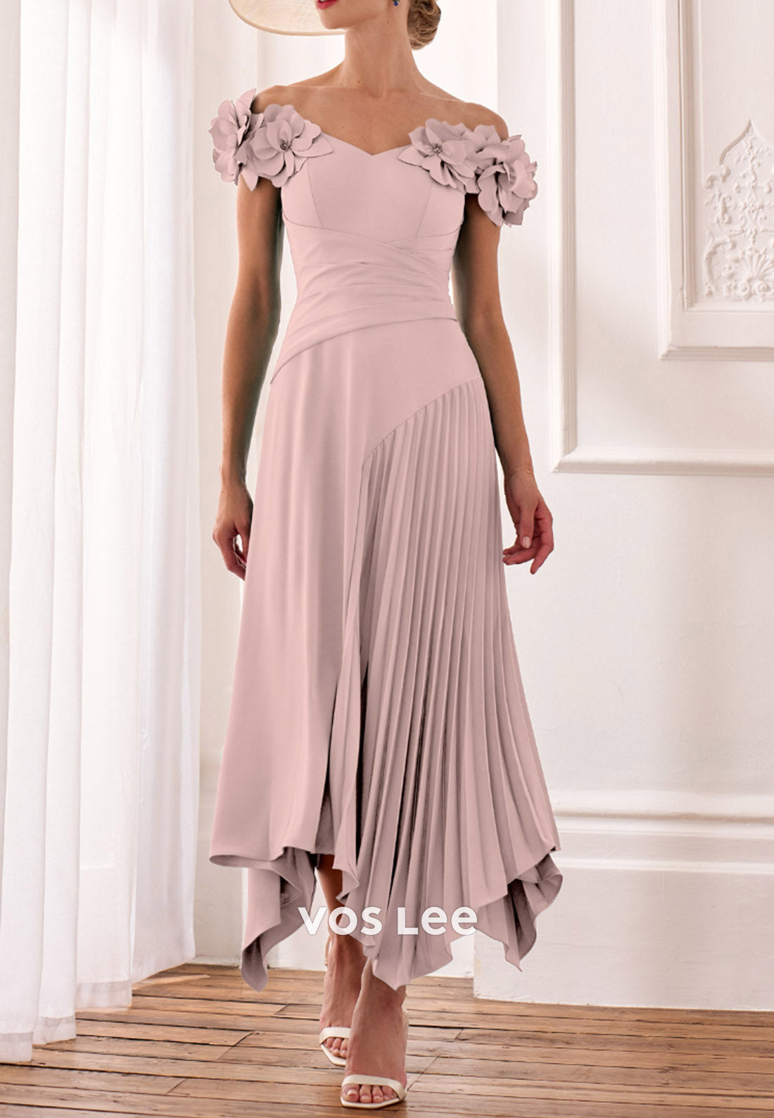 A-Line Floral Embossed Off the Shoulder Ankle-Length Pleated Mother of Bride Dresses
