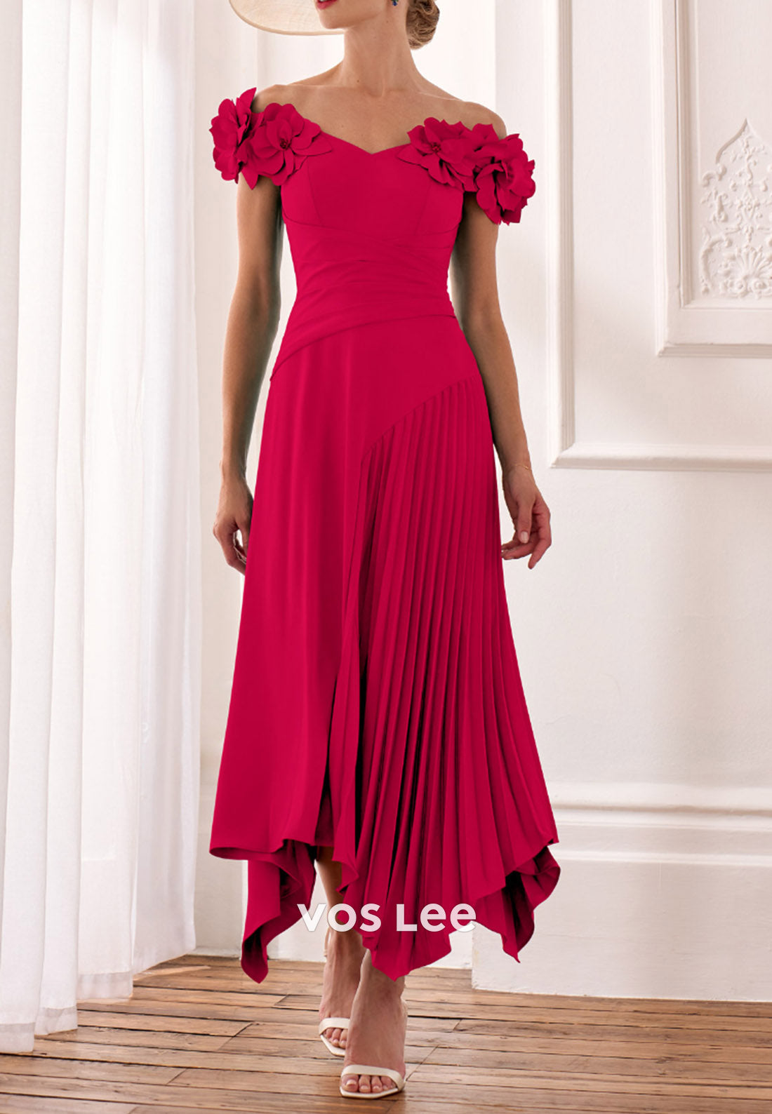 A-Line Floral Embossed Off the Shoulder Ankle-Length Pleated Mother of Bride Dresses