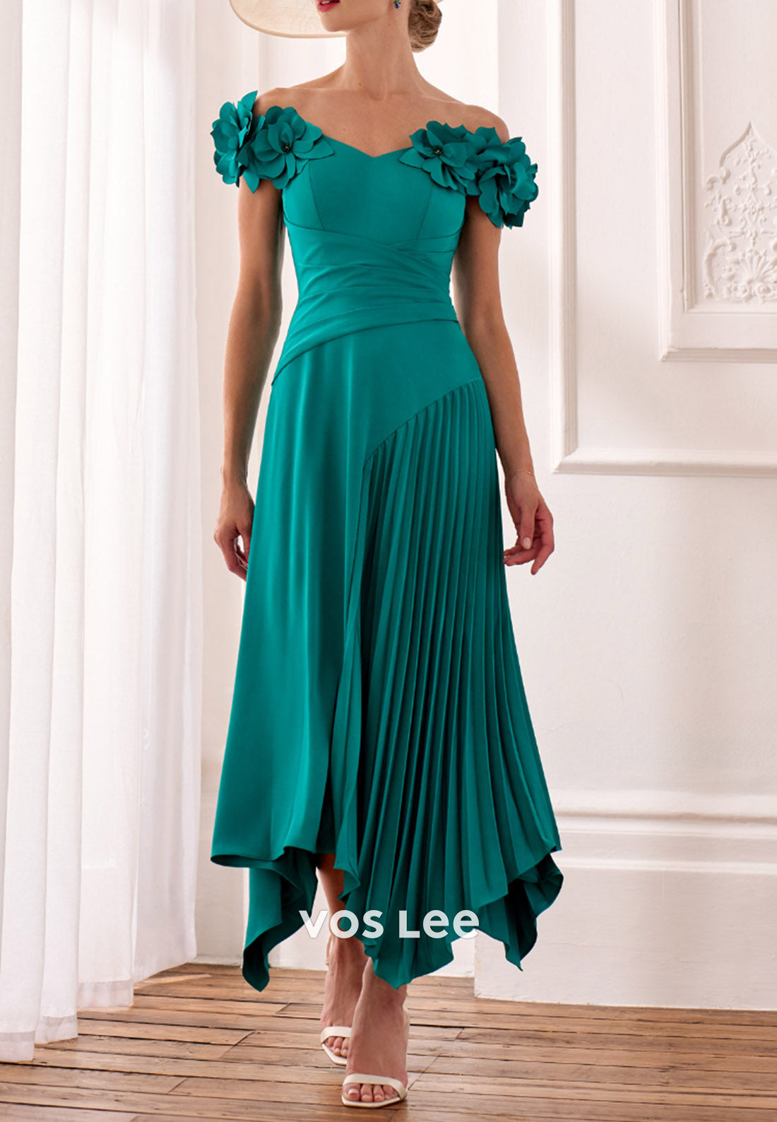 A-Line Floral Embossed Off the Shoulder Ankle-Length Pleated Mother of Bride Dresses