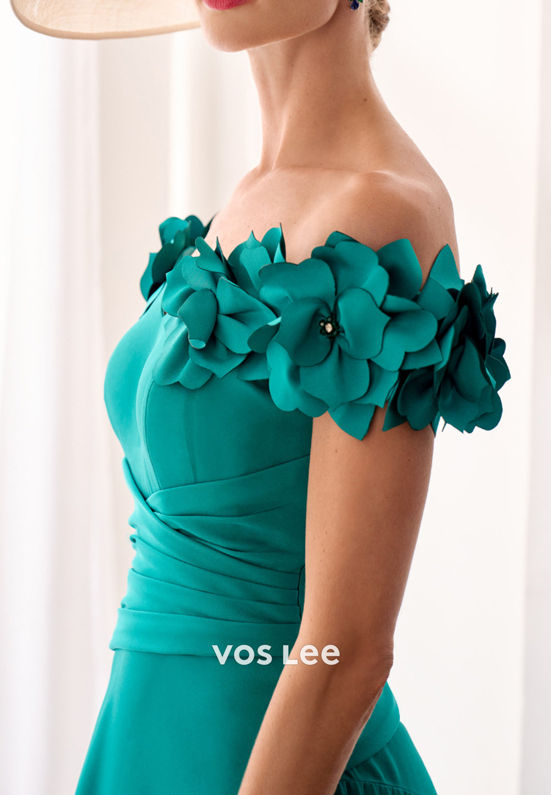 A-Line Floral Embossed Off the Shoulder Ankle-Length Pleated Mother of Bride Dresses