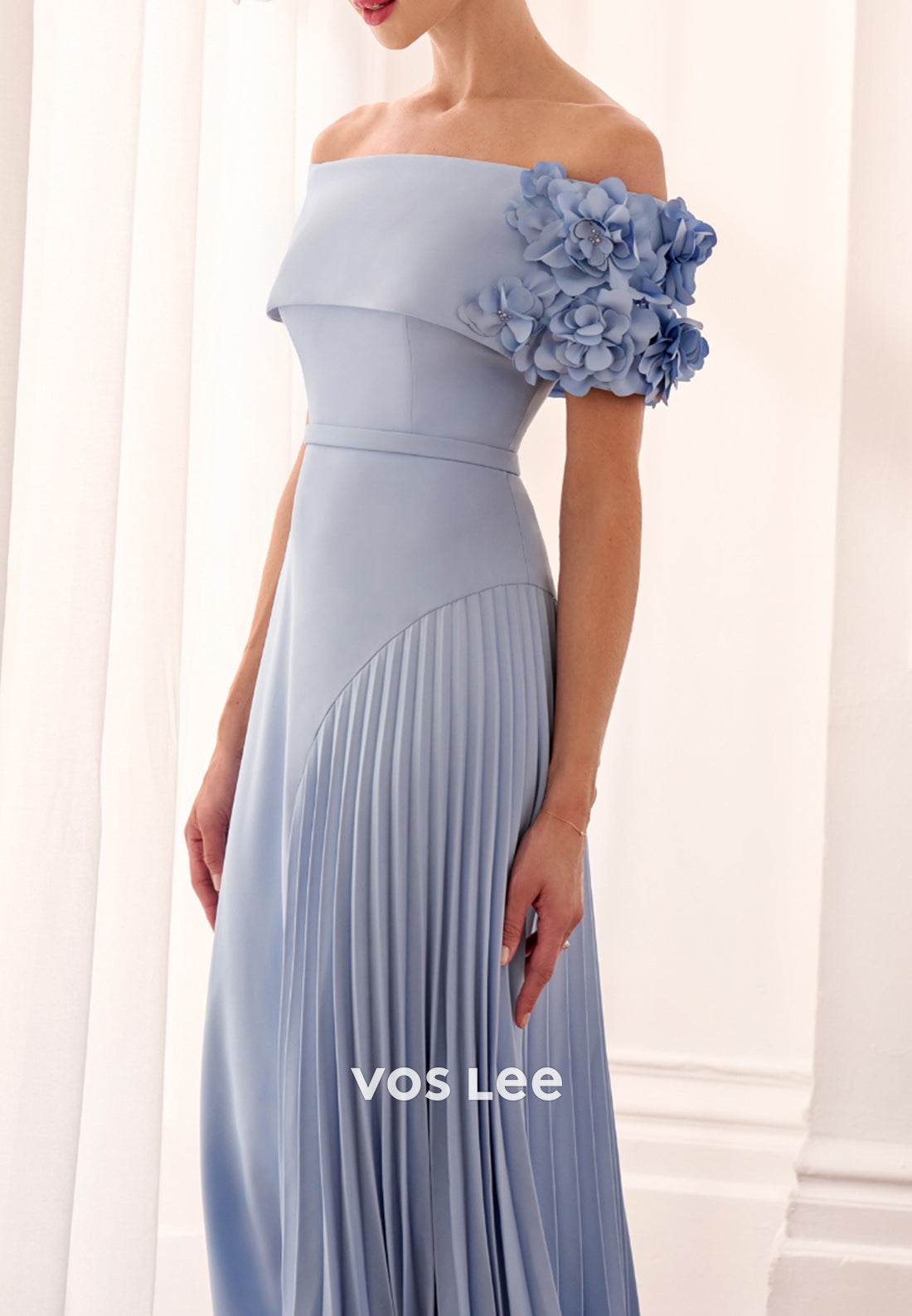A-Line Off the Shoulder Floral Embossed Tea-Length Ruched Mother of Bride Dresses