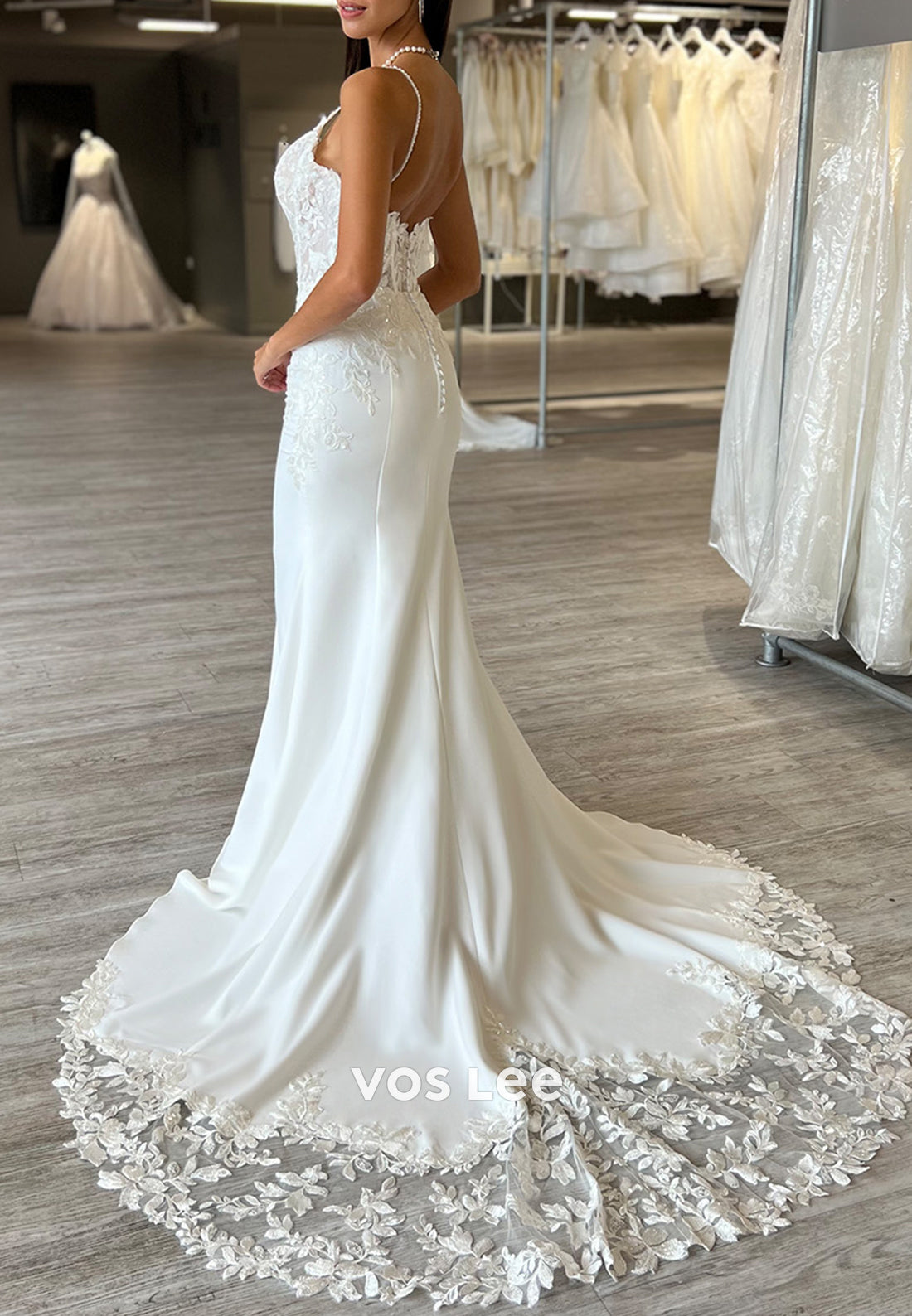 Spaghetti Straps Scoop Appliques Lace Mermaid Wedding Dresses with Sweep Train