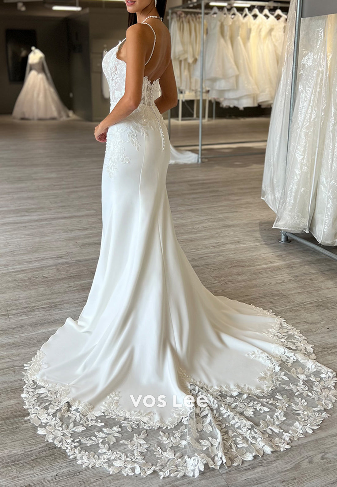Spaghetti Straps Scoop Appliques Lace Mermaid Wedding Dresses with Sweep Train