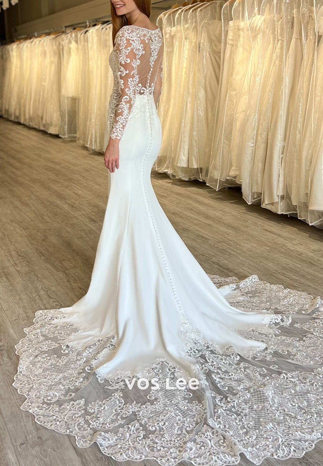 Long Sleeve V Neck Appliques Lace Mermaid Wedding Dresses with Court Train