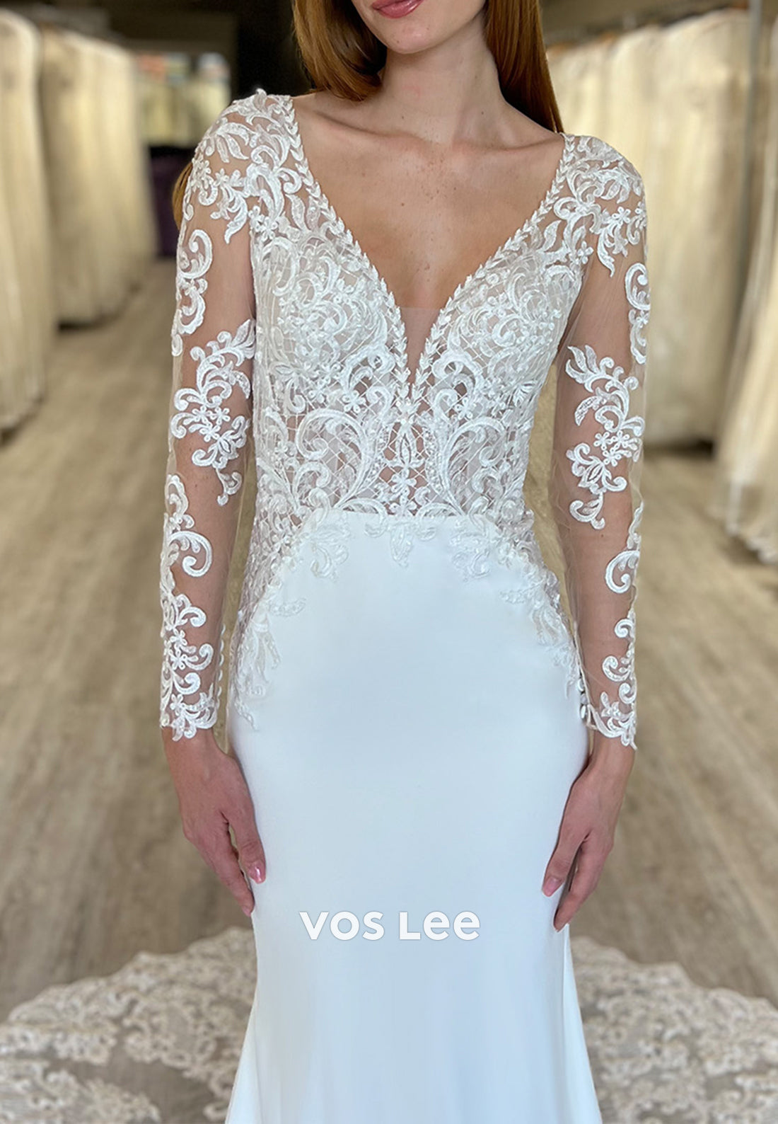 Long Sleeve V Neck Appliques Lace Mermaid Wedding Dresses with Court Train