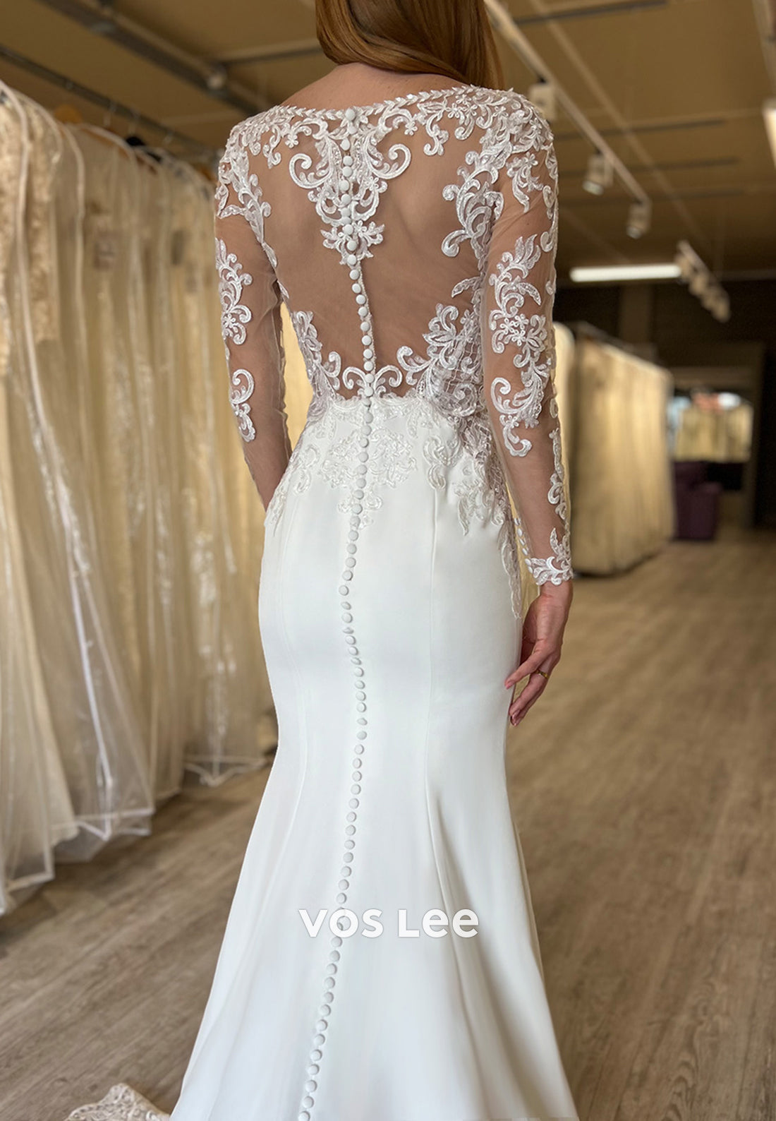 Long Sleeve V Neck Appliques Lace Mermaid Wedding Dresses with Court Train