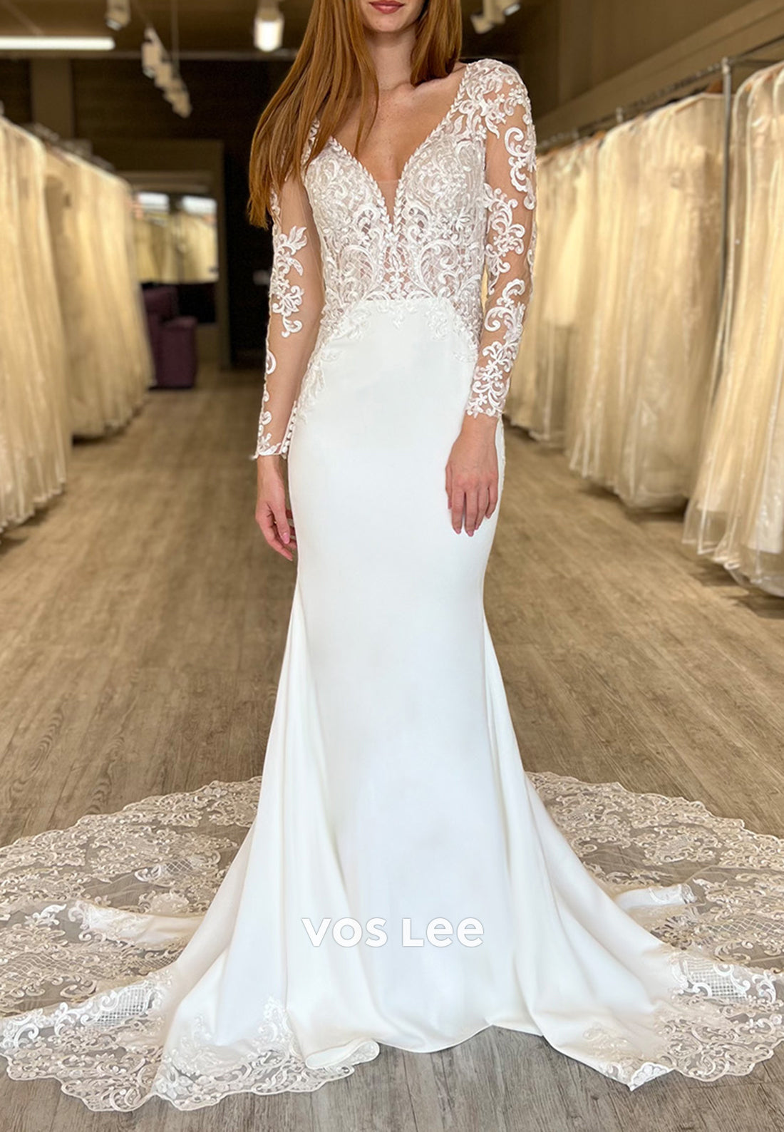 Long Sleeve V Neck Appliques Lace Mermaid Wedding Dresses with Court Train