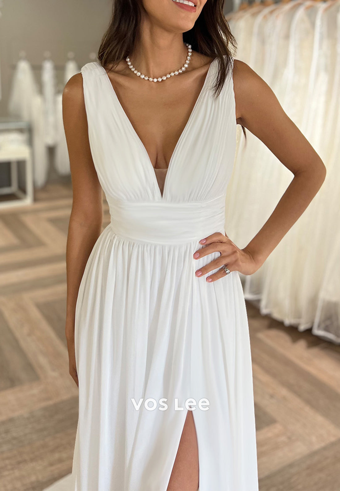 A-Line Detachable Long Sleeve V Neck Pleated Wedding Dresses with High Split