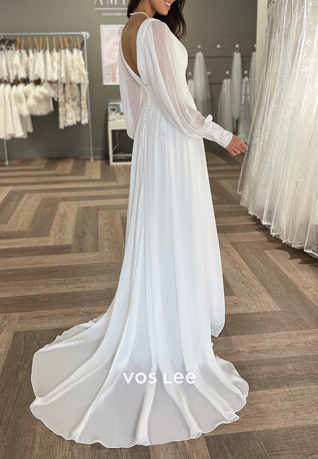 A-Line Detachable Long Sleeve V Neck Pleated Wedding Dresses with High Split