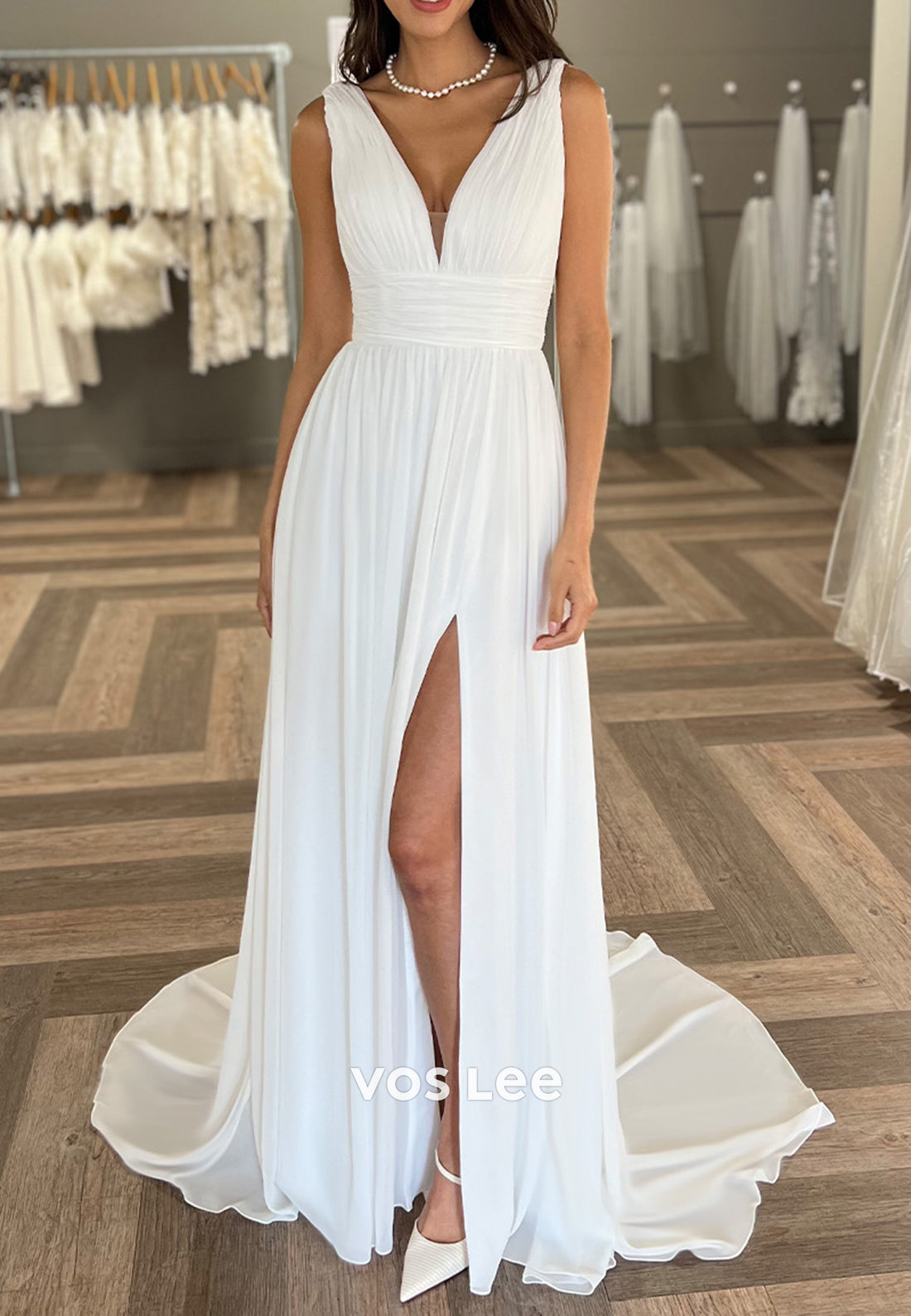 A-Line Detachable Long Sleeve V Neck Pleated Wedding Dresses with High Split