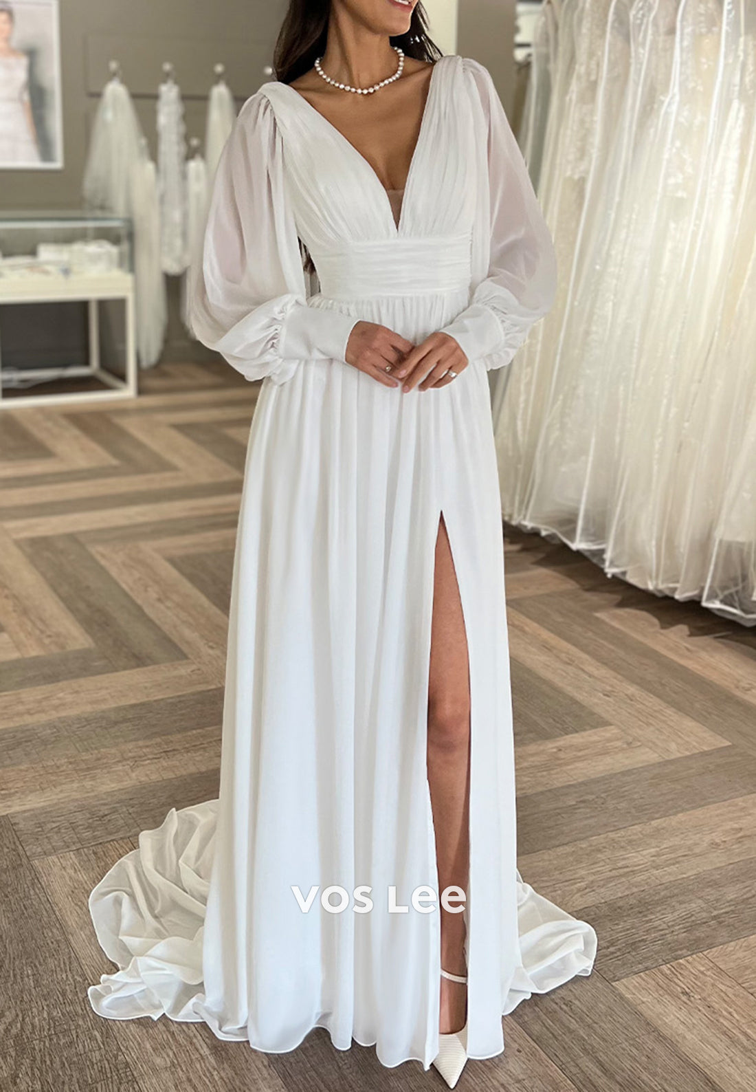 A-Line Detachable Long Sleeve V Neck Pleated Wedding Dresses with High Split